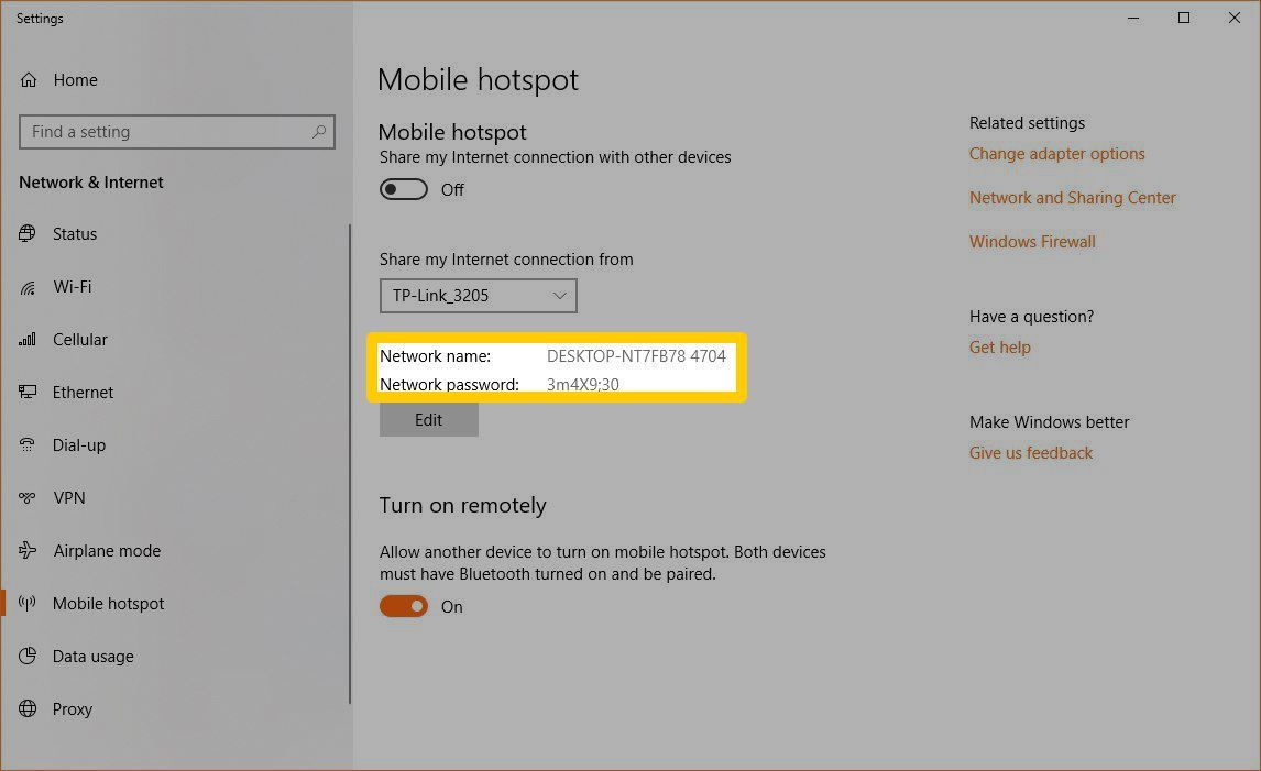 Расположение имени сети и пароля в настройках Windows Mobile Hotspot.