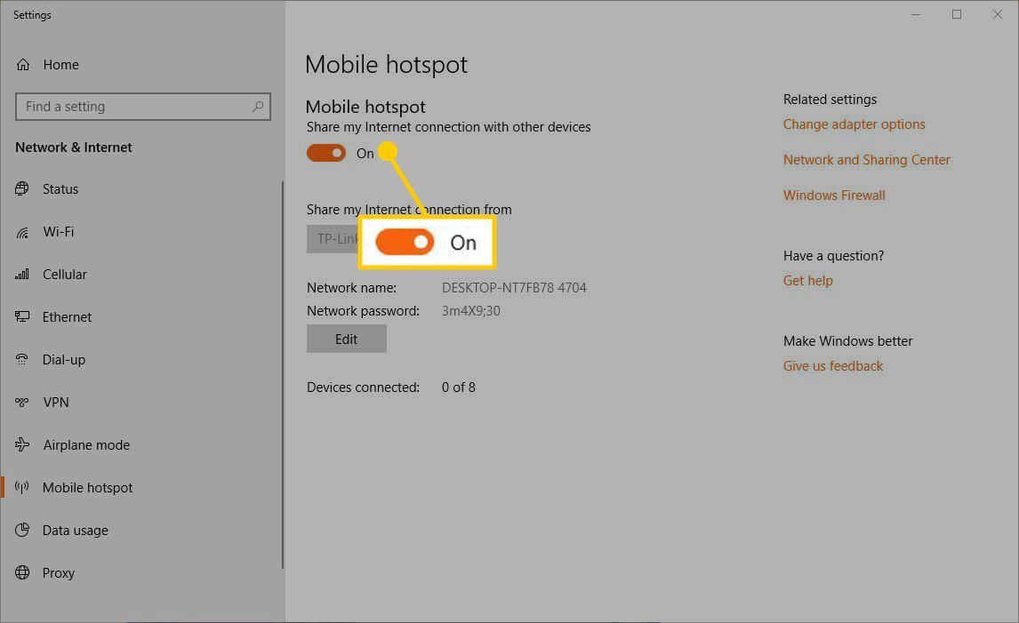 Переключатель «Вкл / Выкл» для функции «Горячая точка» Windows Mobile.