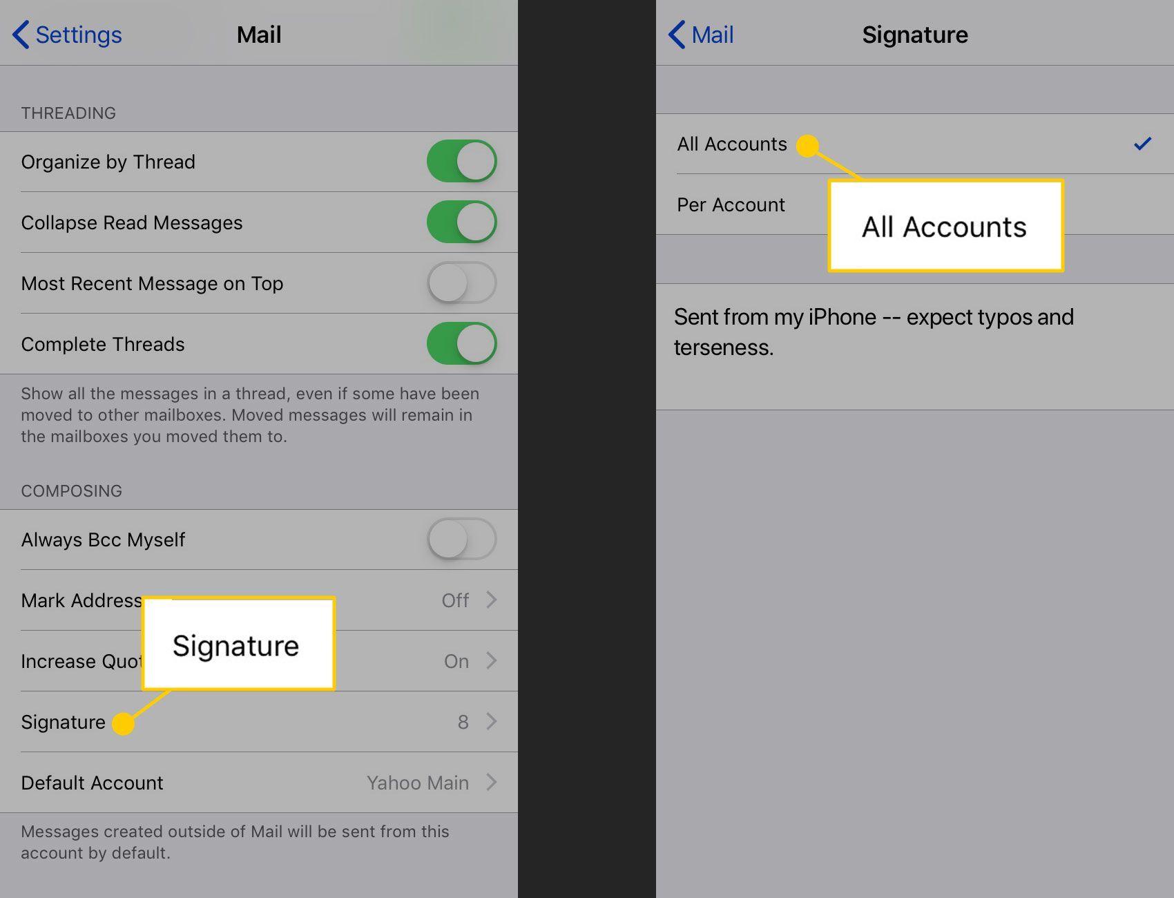 Установка подписи для всех учетных записей электронной почты на iPhone