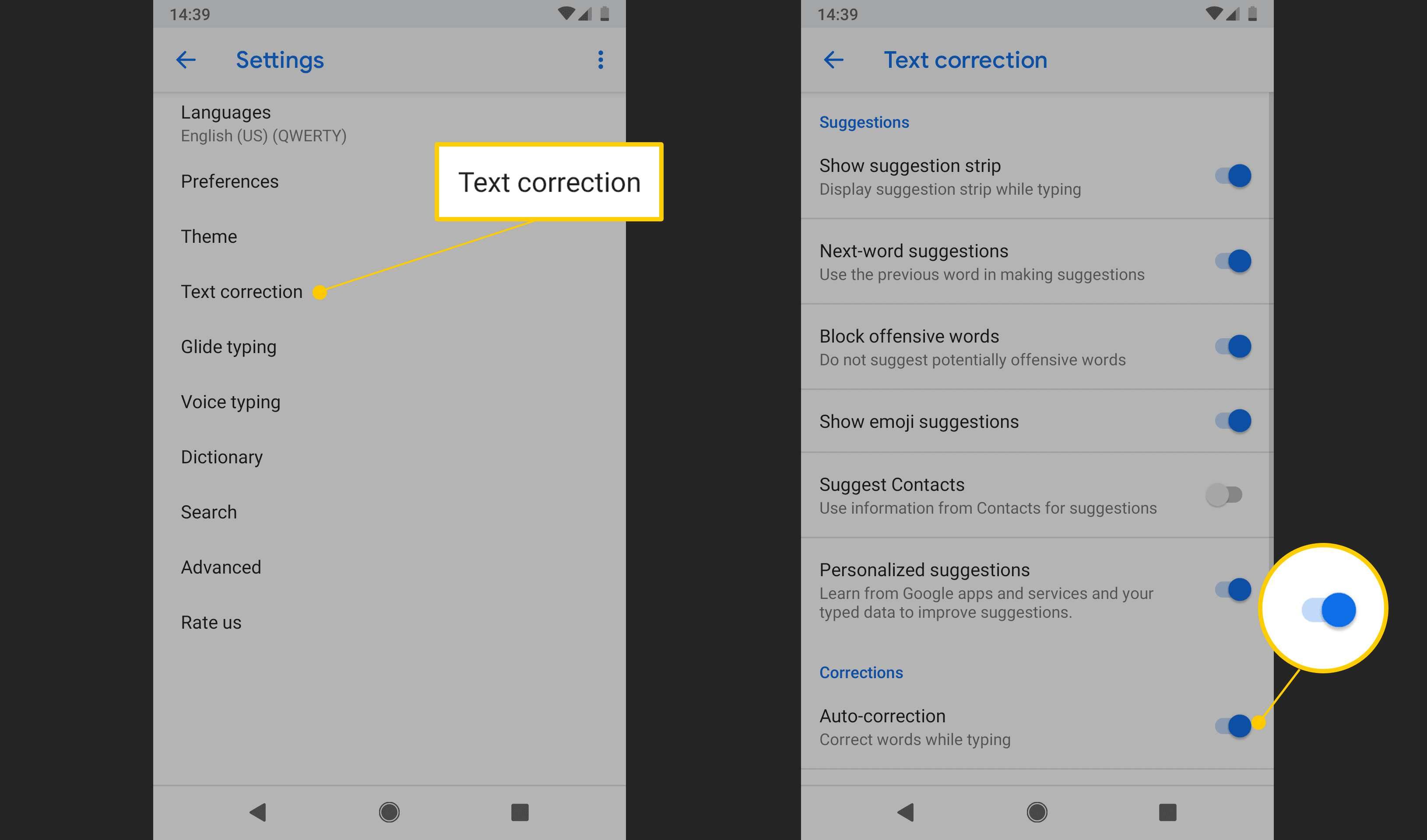 Коррекция текста, автокоррекция в настройках Android