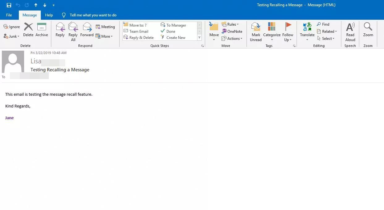 Электронная почта открыта в отдельном окне в Outlook