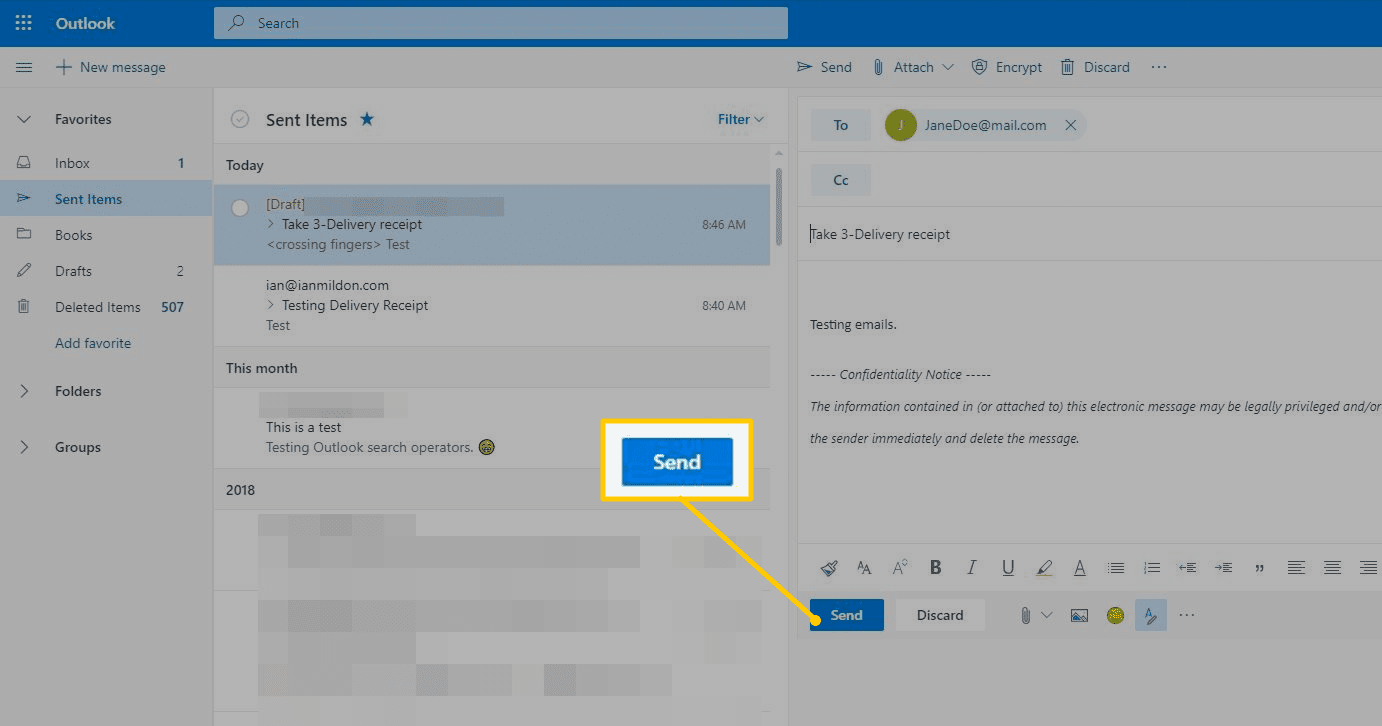 Кнопка отправки в Outlook