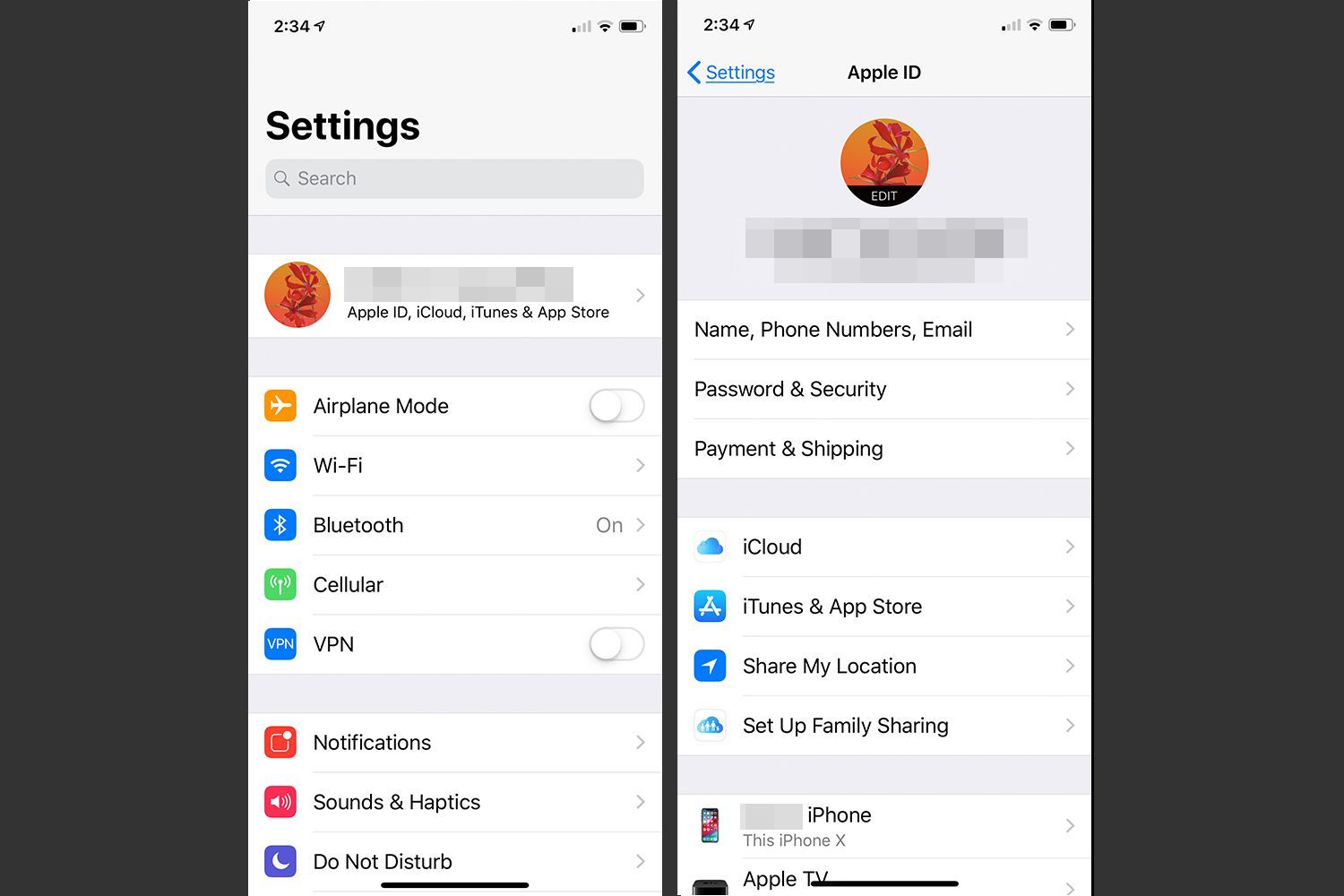 Настройки iPhone, показывающие местоположение iCloud в iOS 12 и iOS 11