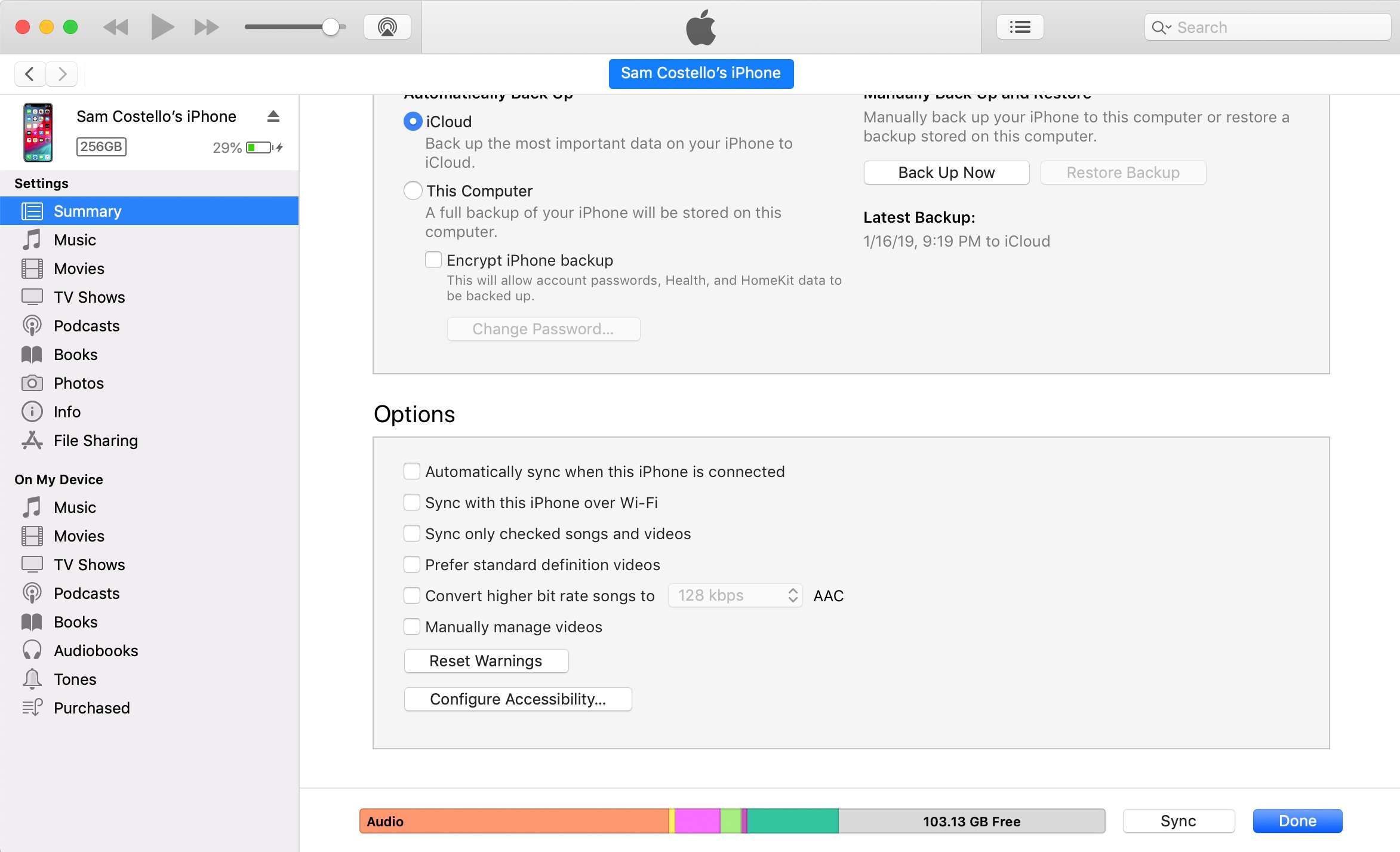 Снимок экрана параметров синхронизации iPhone в iTunes