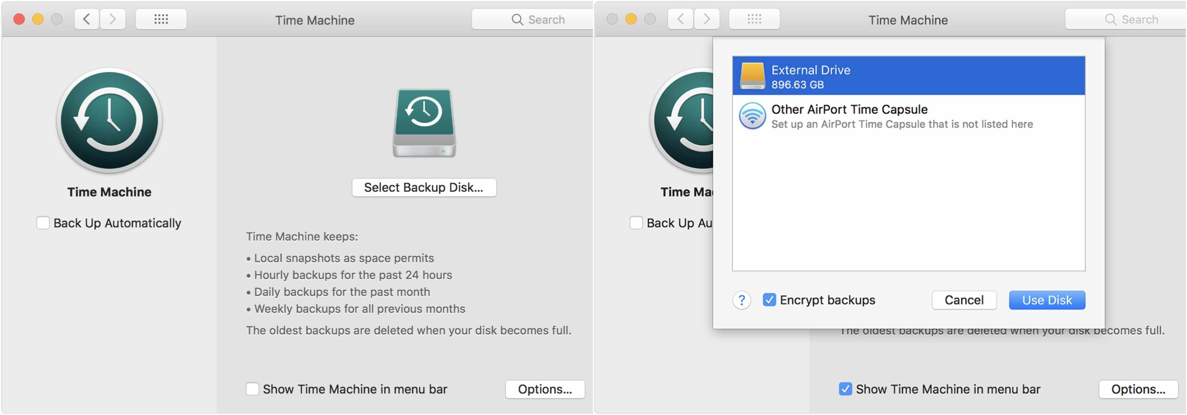 Снимок экрана приложения Time Machine в macOS