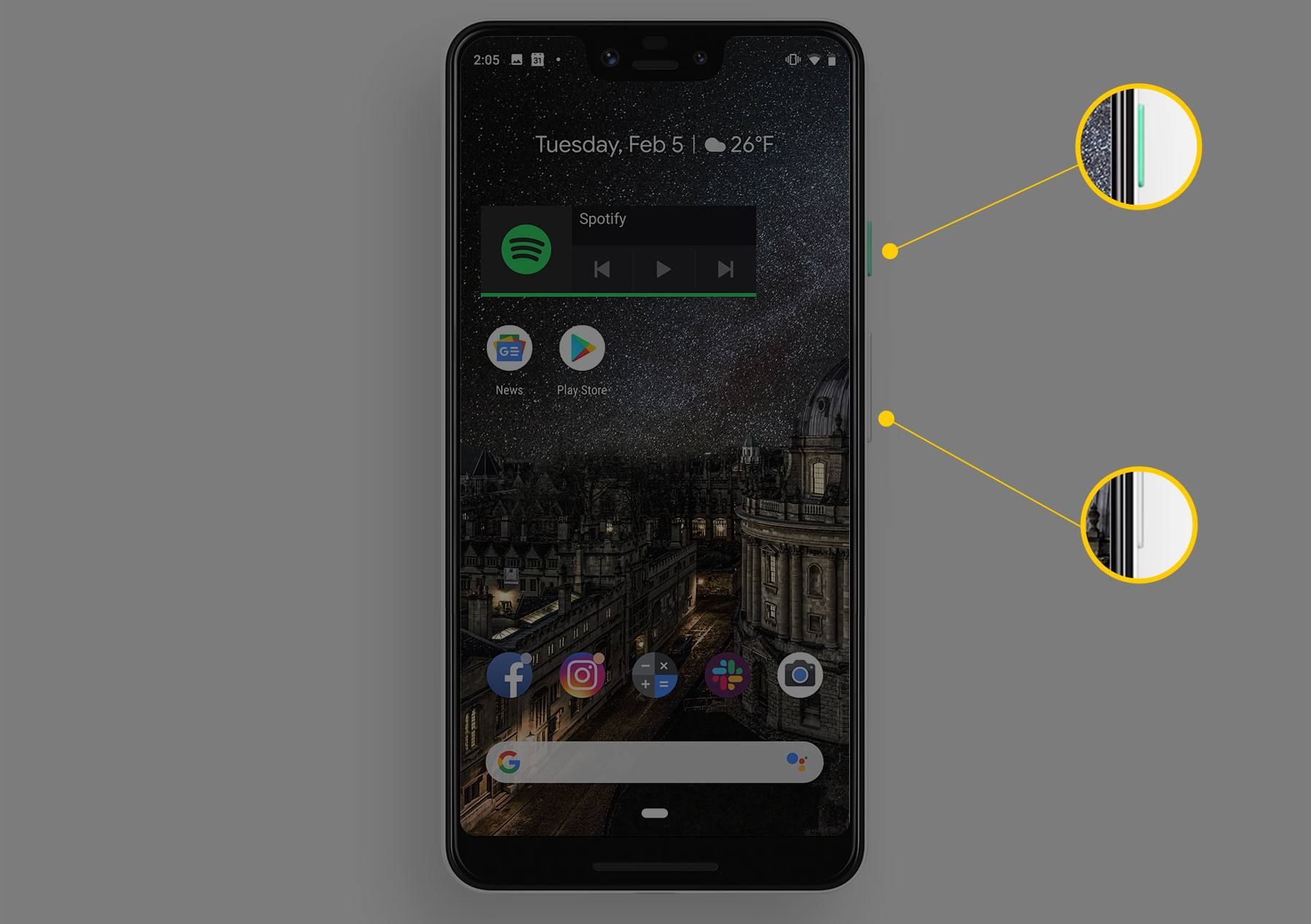 Боковая кнопка и кнопка уменьшения громкости на Google Pixel 3 XL