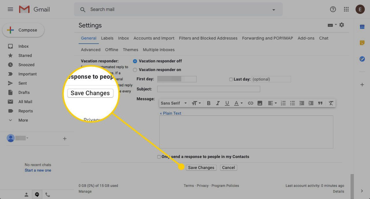 Кнопка Сохранить изменения в настройках Gmail