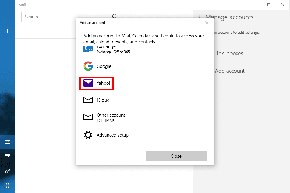 Снимок экрана со списком учетных записей, которые вы можете добавить в Почту в Windows 10