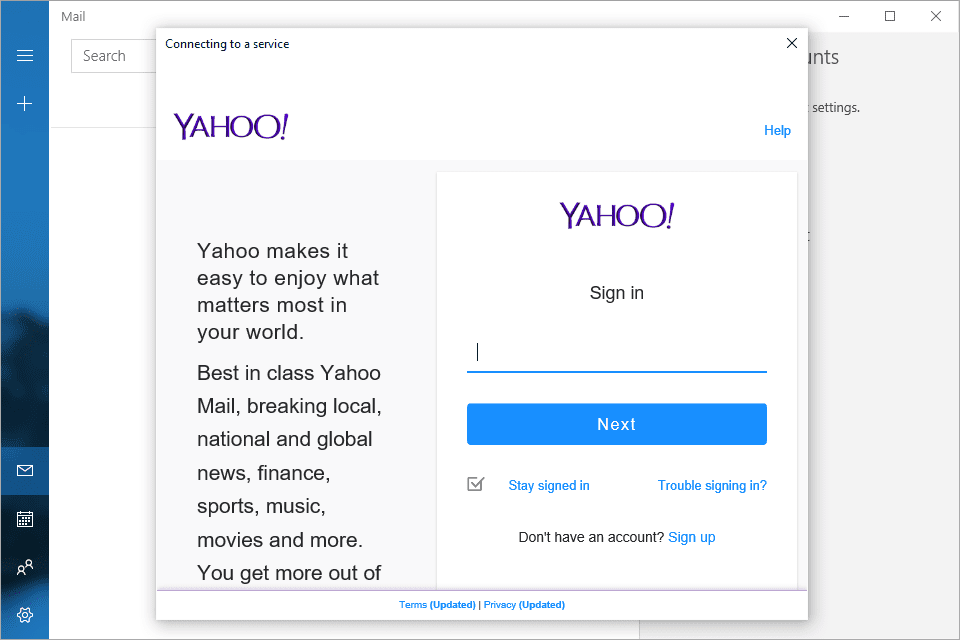 Снимок экрана: приглашение для входа в Yahoo Mail в Windows 10 Mail