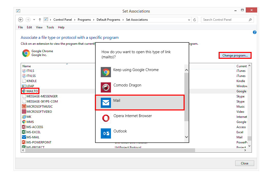 Снимок экрана, показывающий, как изменить программу по умолчанию в Windows 8