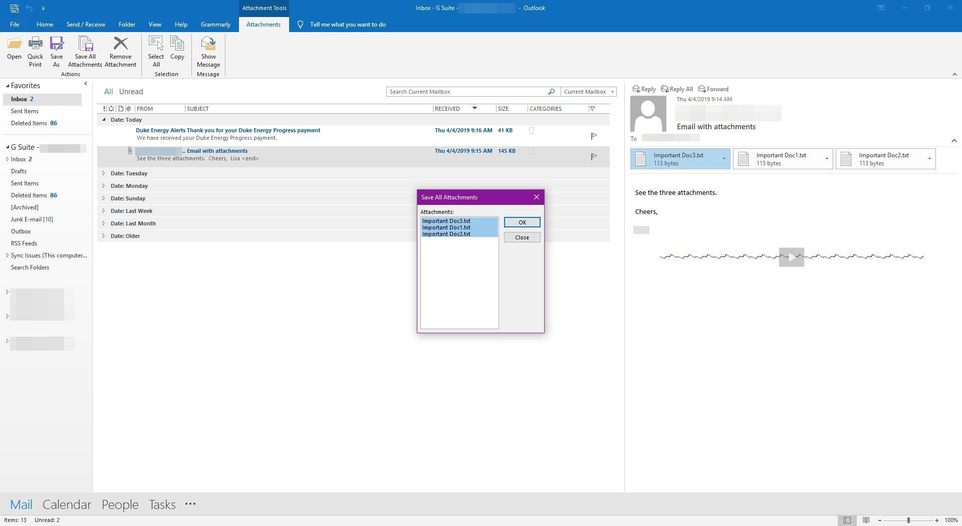 Сохранение 3 вложений из электронной почты в Outlook.
