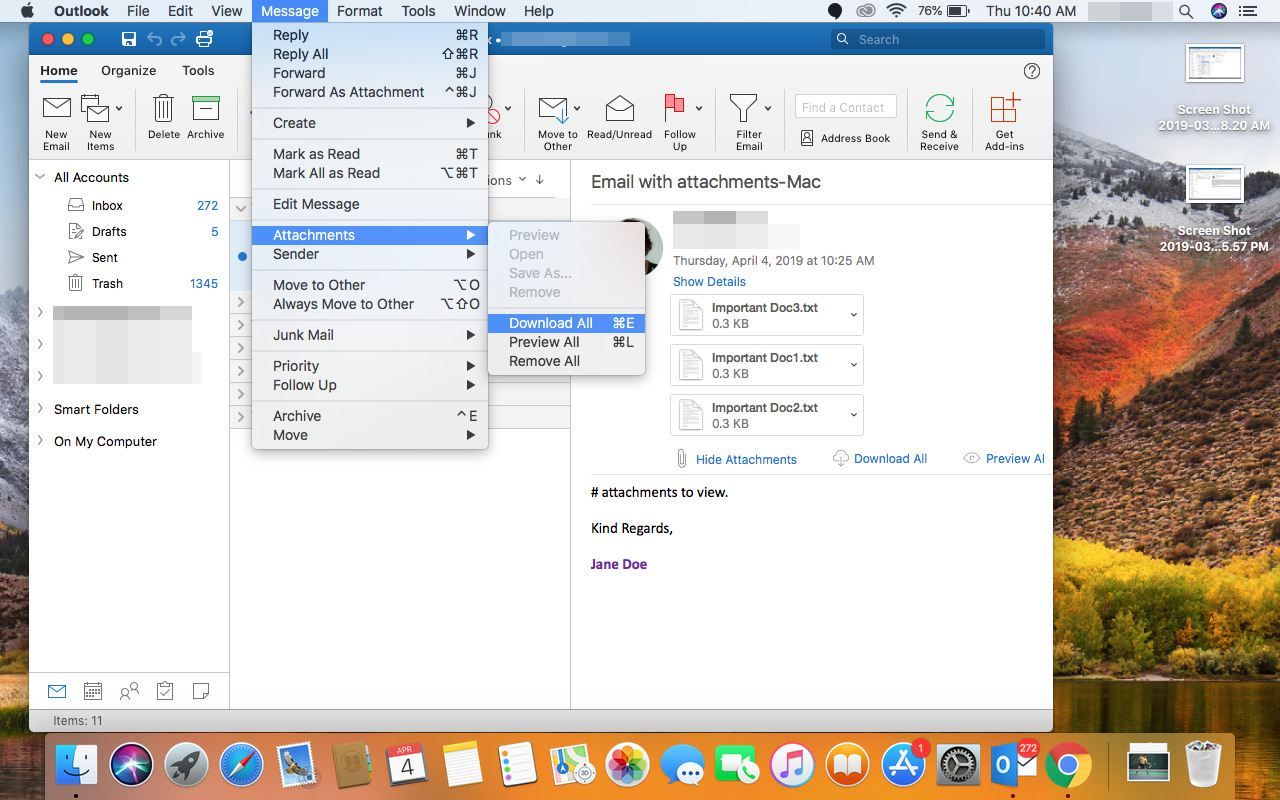 Выбор загрузки всех вложений в Outlook для Mac.