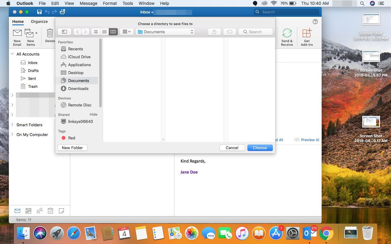 Выбор места для сохранения вложений электронной почты в Outlook для Mac.
