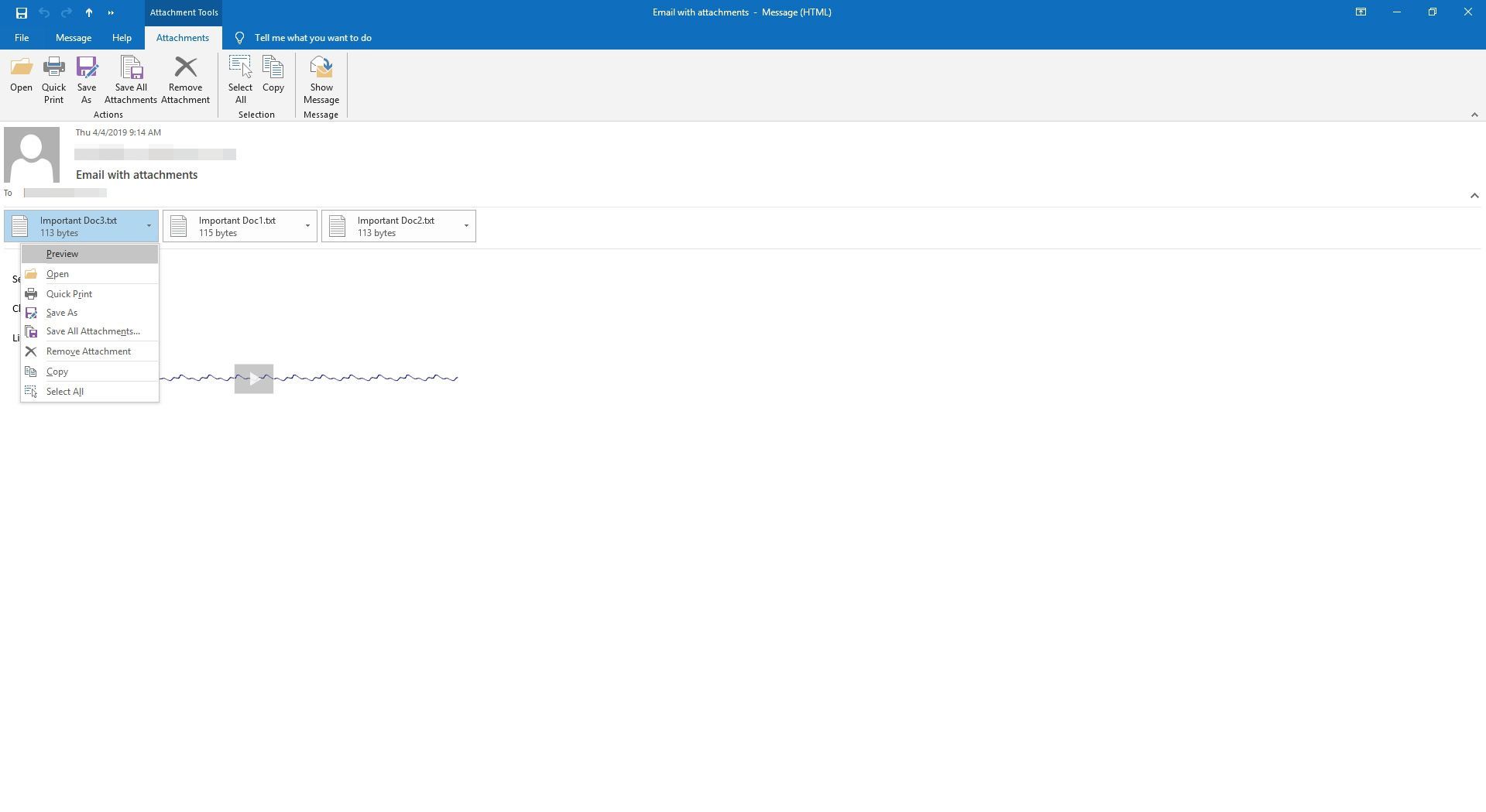 Выбор вложения для сохранения через открытую электронную почту в Outlook.