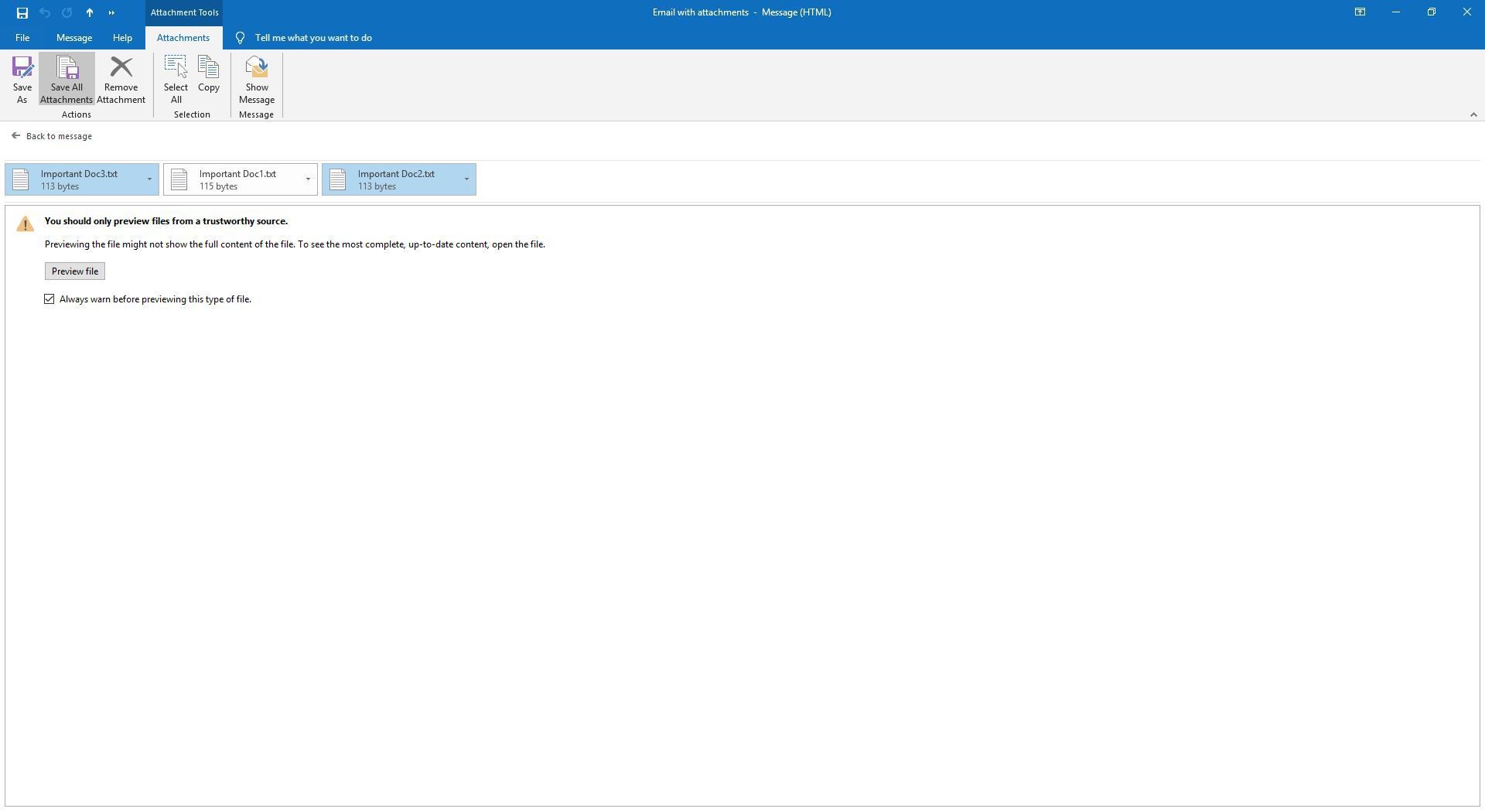 Два выбранных вложения электронной почты в Outlook.