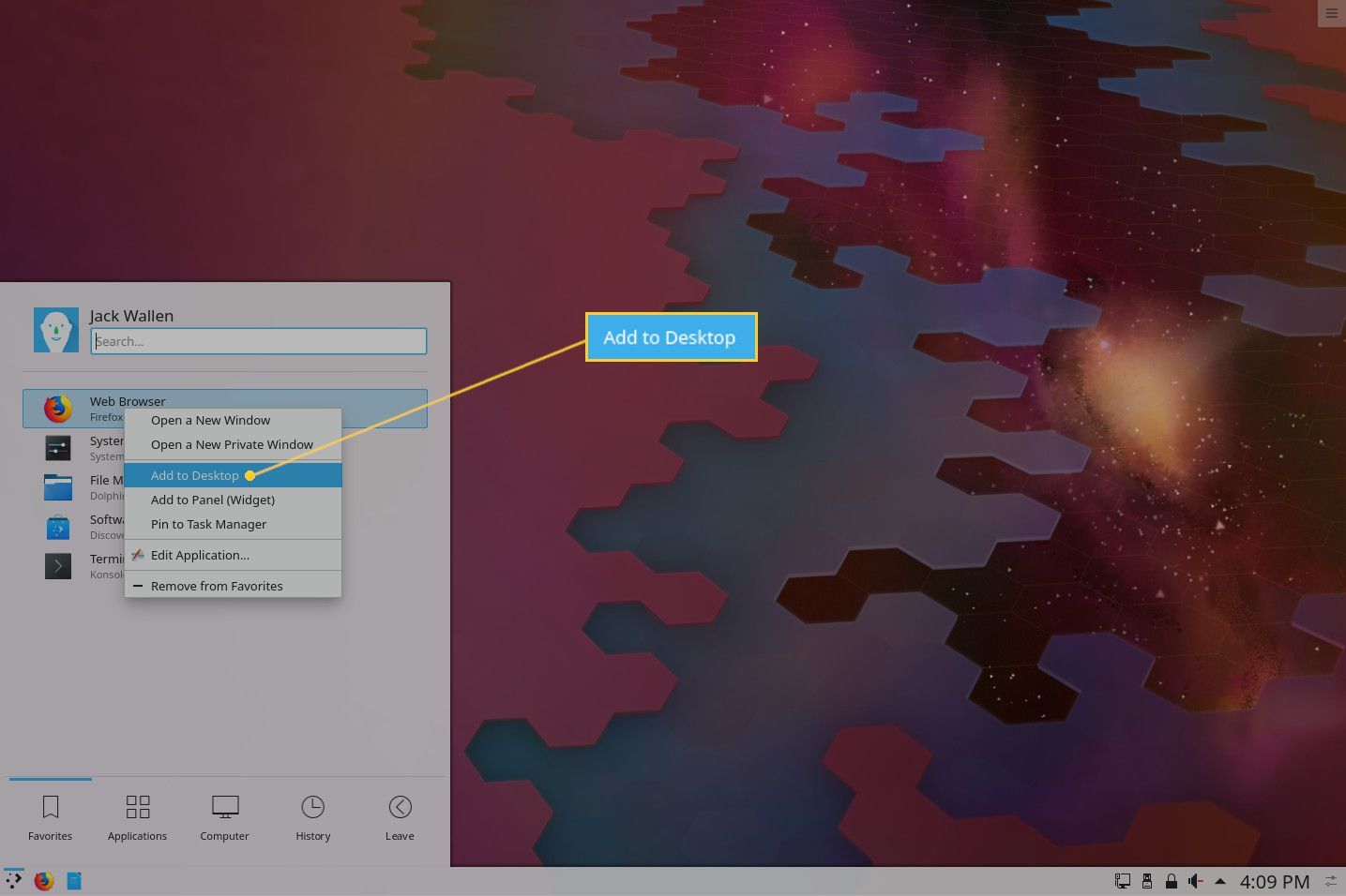 Скриншот добавления лаунчера в KDE Plasma.