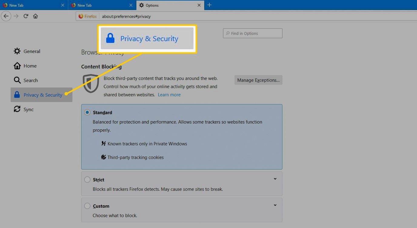 Вкладка «Конфиденциальность и безопасность» в Firefox