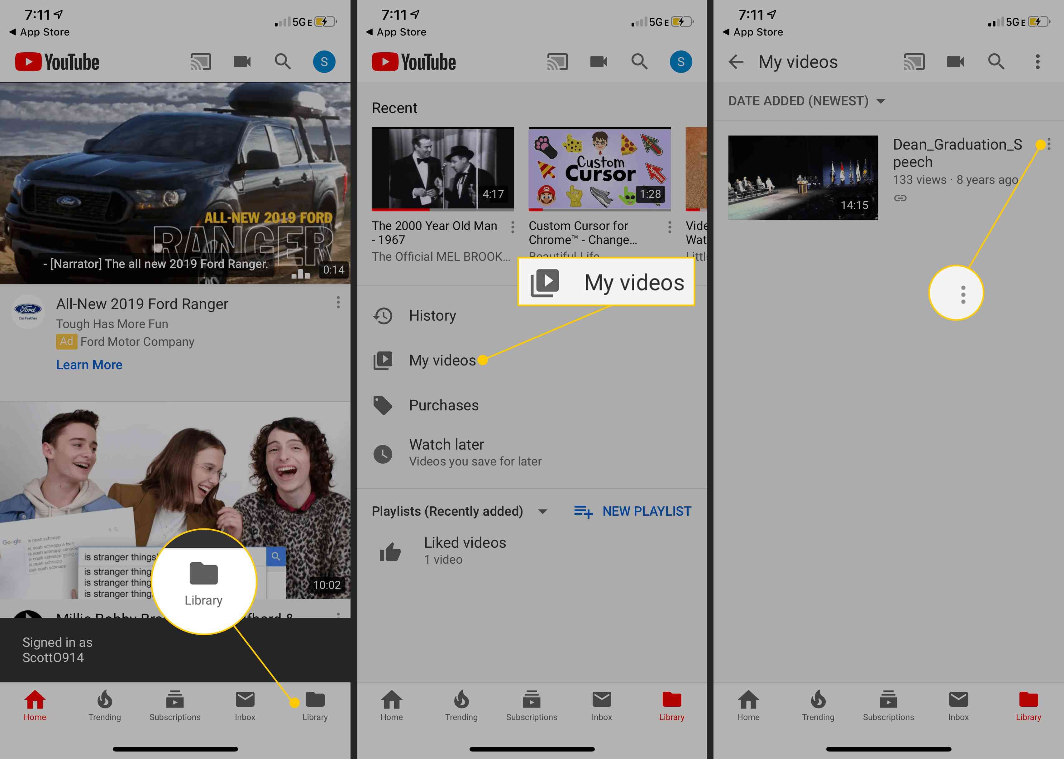 Кнопка «Библиотека», значок «Мои видео», трехточечное меню на мобильном телефоне YouTube