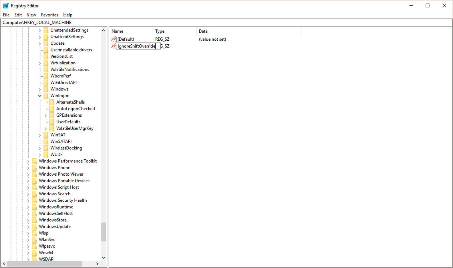 Процесс редактора реестра Windows для переопределения инструкции Ignore Shift