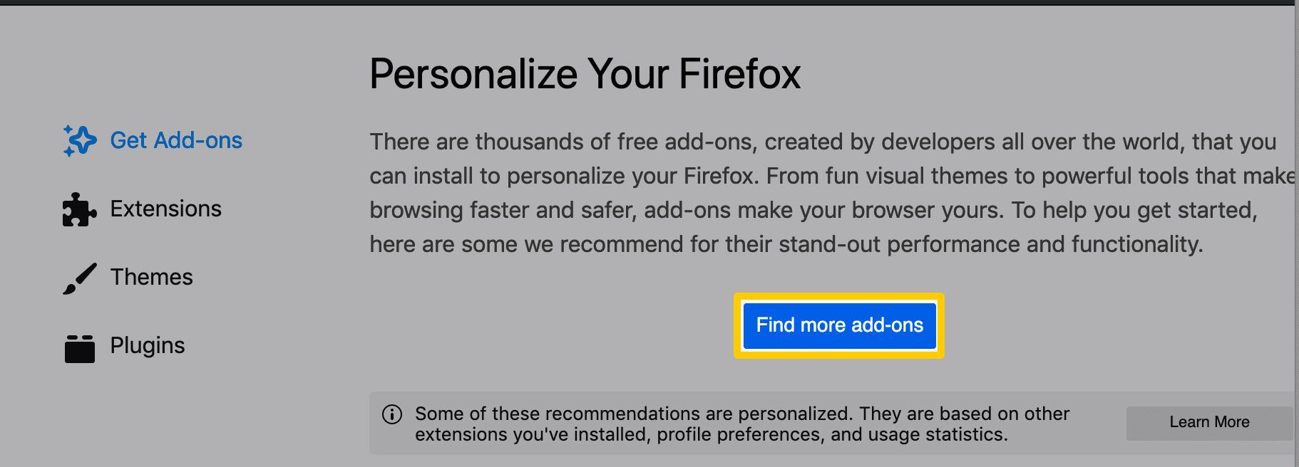 Опция «Найти больше надстроек» в браузере Firefox.