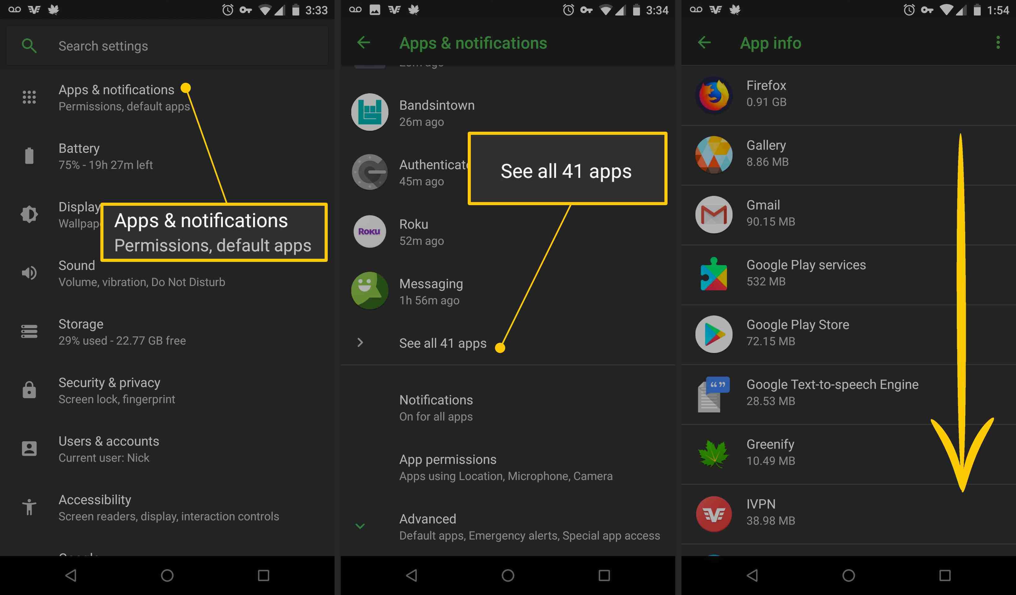 Приложения и уведомления, Просмотреть все 41 приложений, проведите вниз на Android