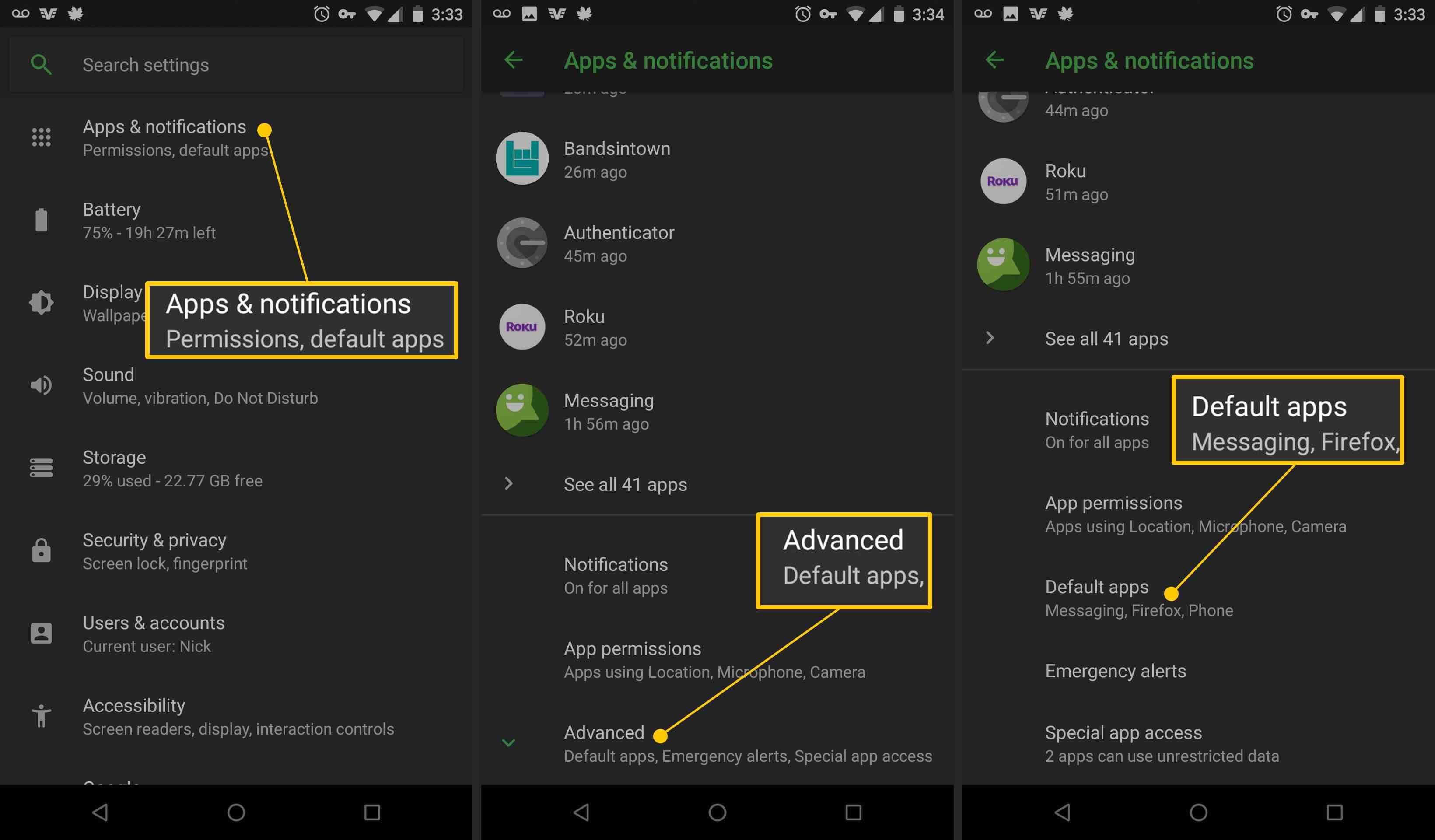 Приложения и уведомления, Дополнительно, Приложения по умолчанию в настройках Android