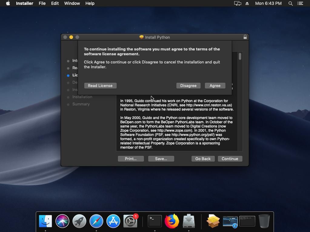 Экран лицензии для установщика Python macOS