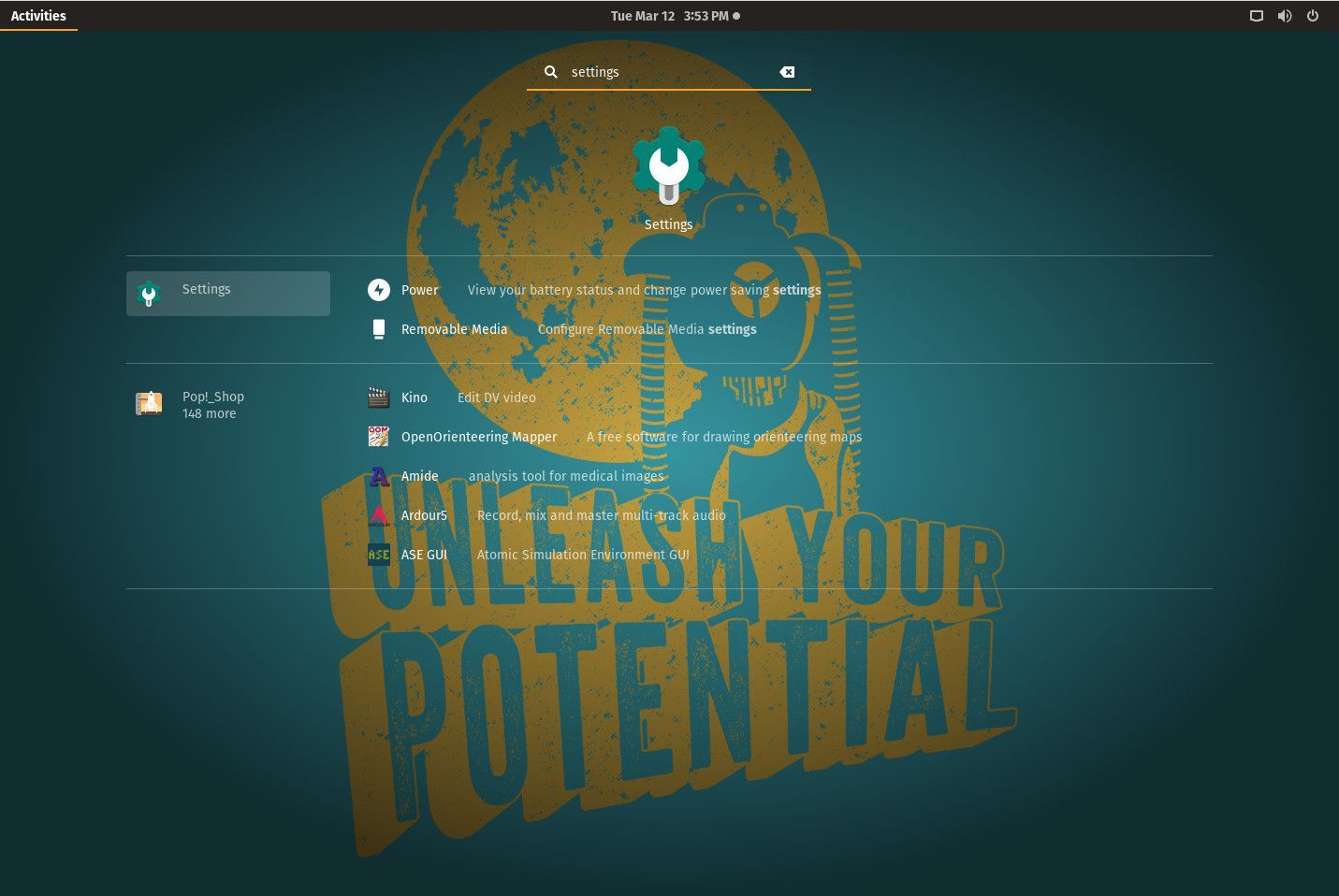 Снимок экрана открытия приложения Настройки из GNOME Dash.