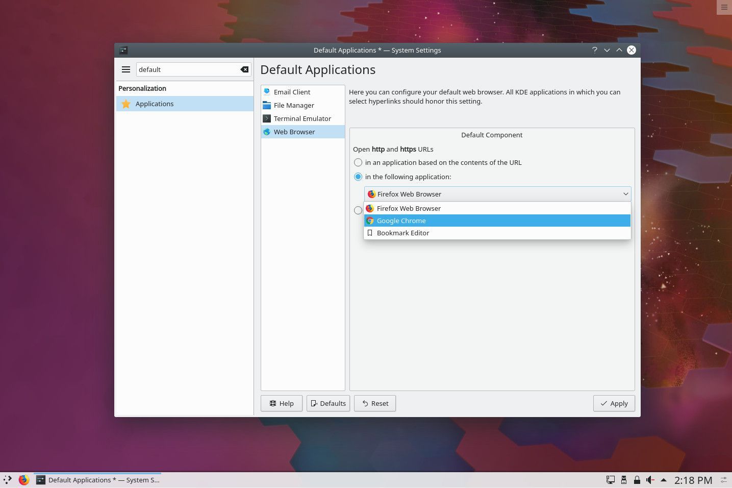 Снимок экрана выбора Chrome в качестве веб-браузера по умолчанию в KDE Plasma.