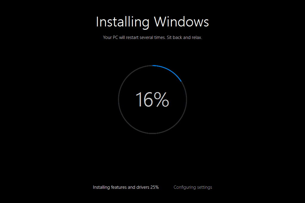 Часть «Установка Windows» процесса «Сбросить этот ПК» в Windows 10