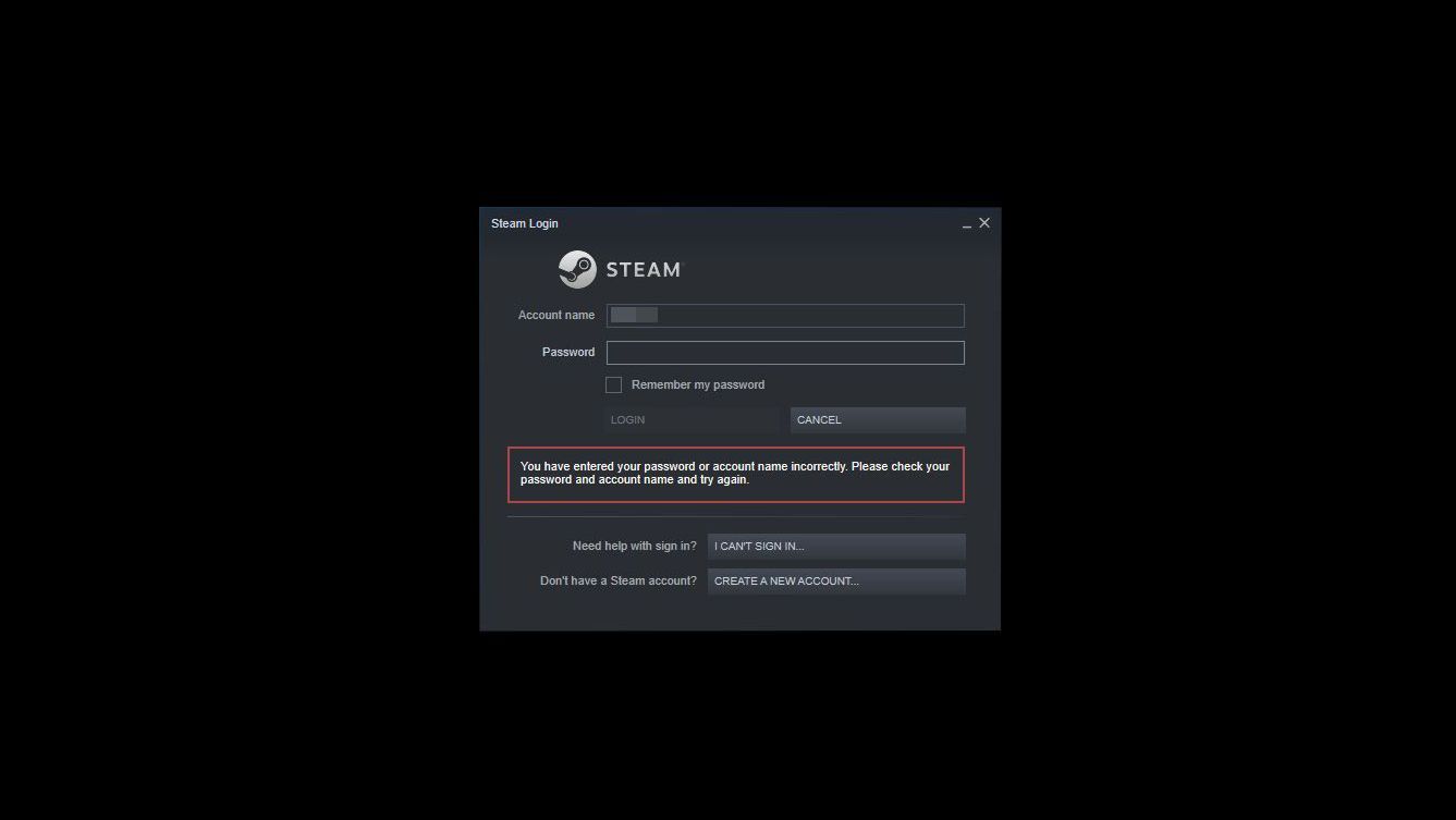 В Steam был введен неверный пароль.