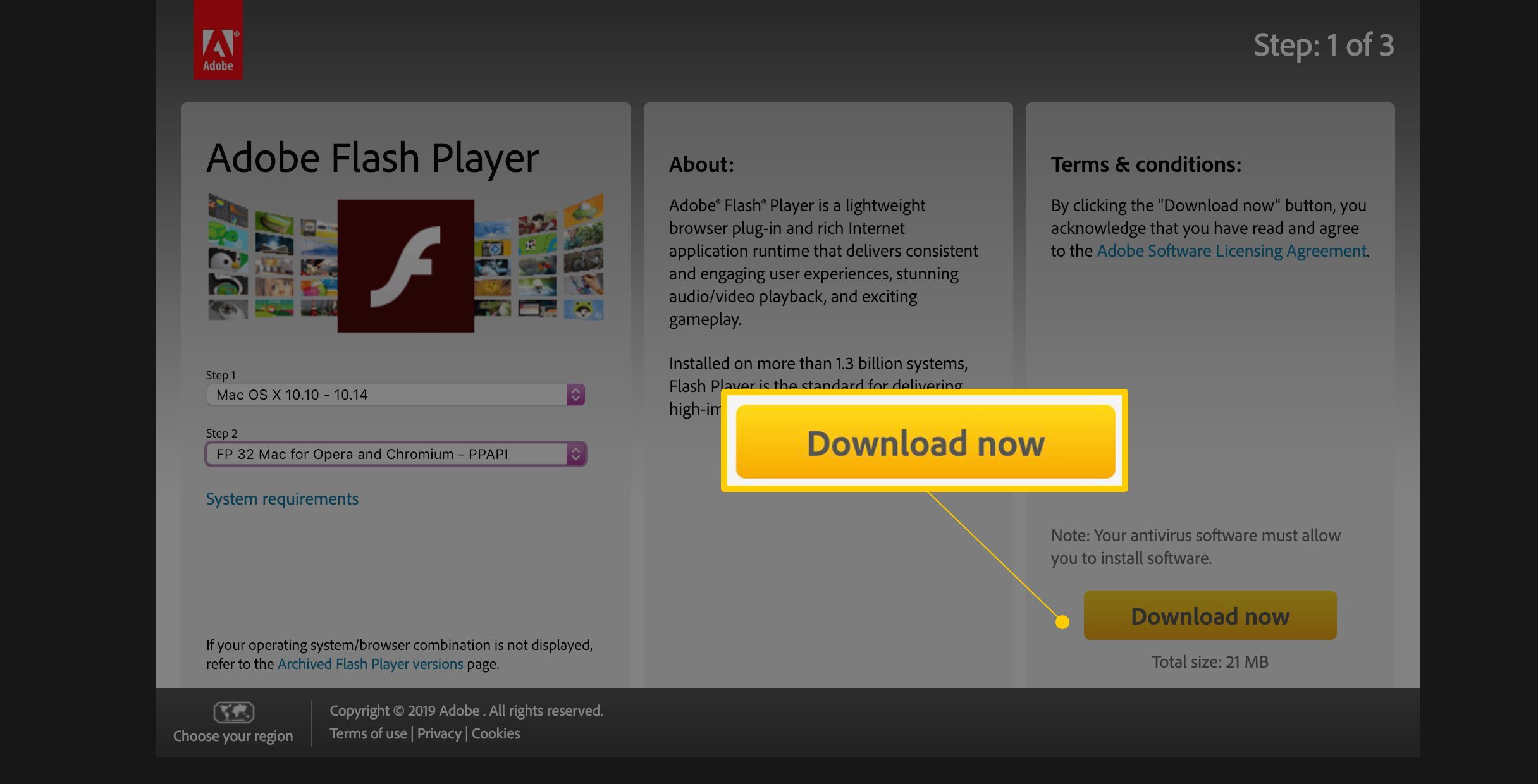 Кнопка Загрузить сейчас на странице Adobe Flash Player