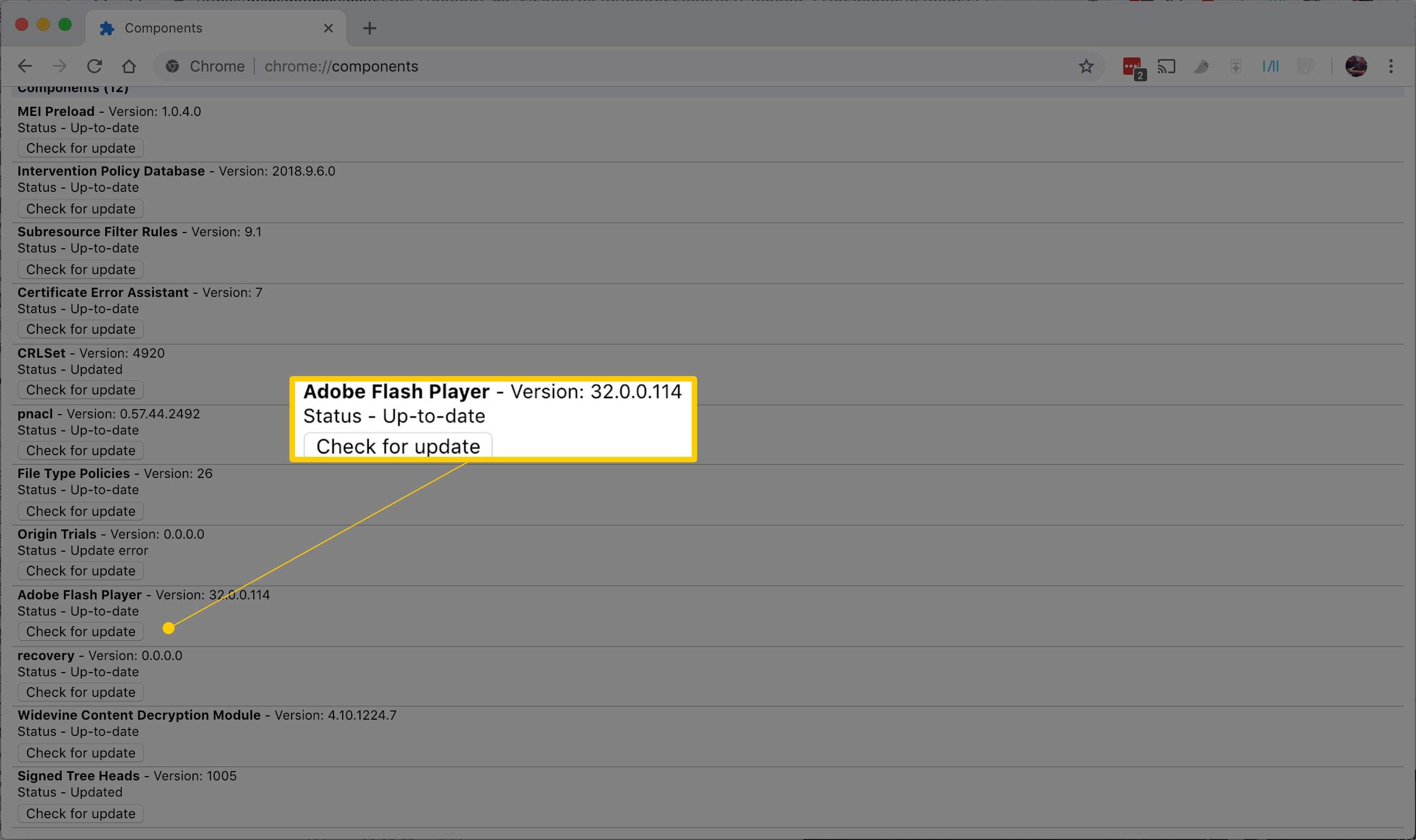 Кнопка обновления Adobe Flash Player в компонентах Chrome