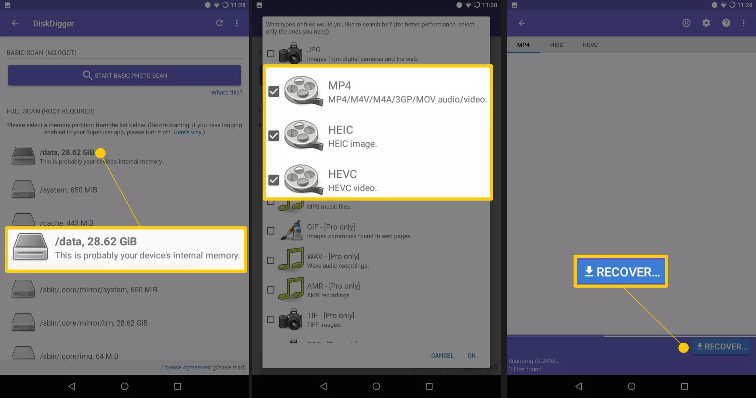 Три экрана Android, показывающие DiskDigger / данные, выбор формата видео и кнопку Восстановить