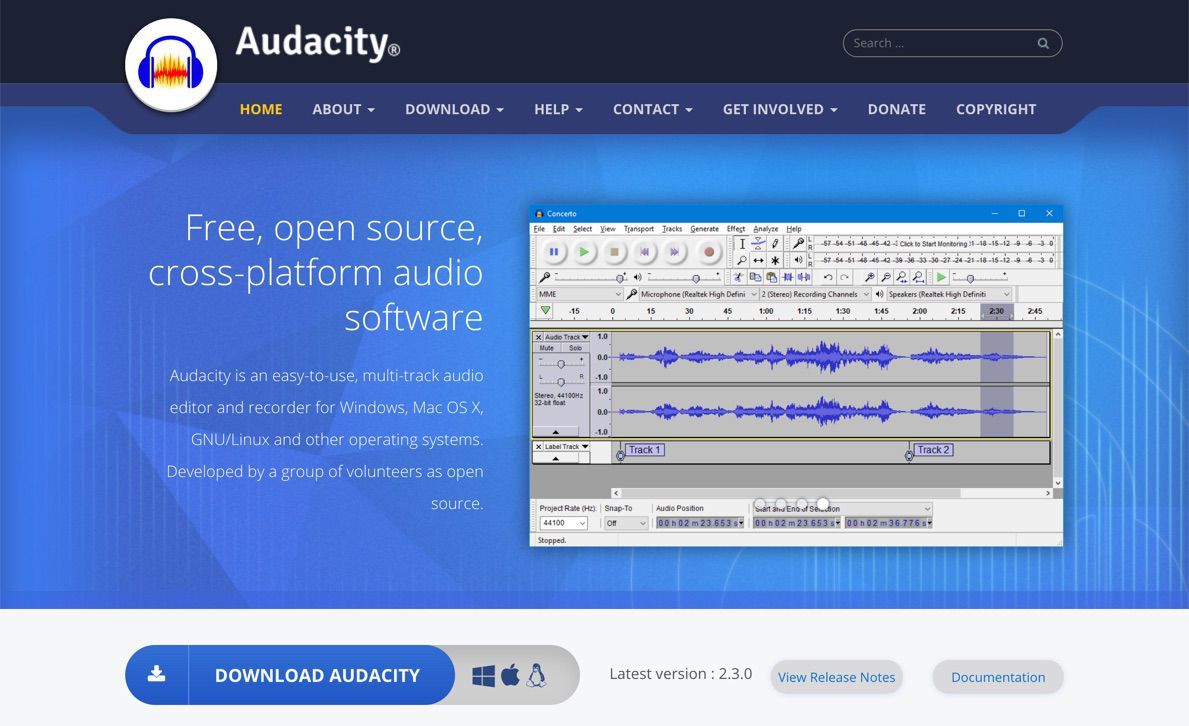 Сайт программного обеспечения для редактирования аудио Audacity