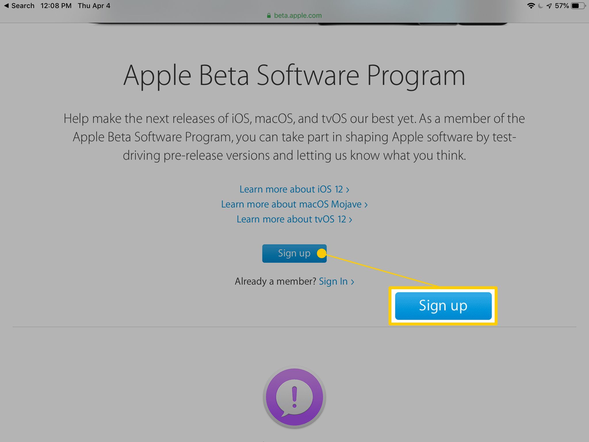 Кнопка регистрации в программе Apple Beta Software
