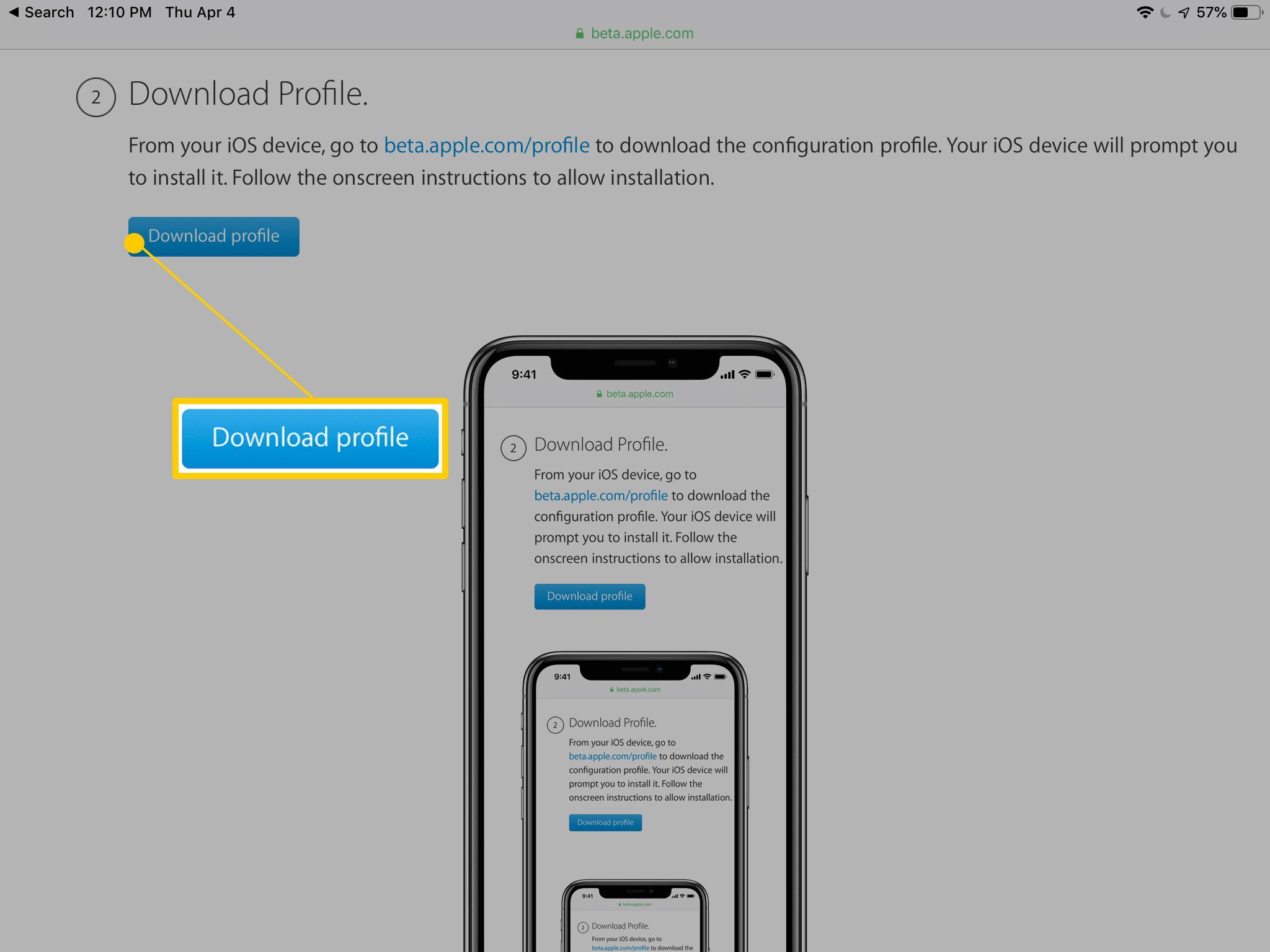 Скачать кнопку профиля на beta.apple.com