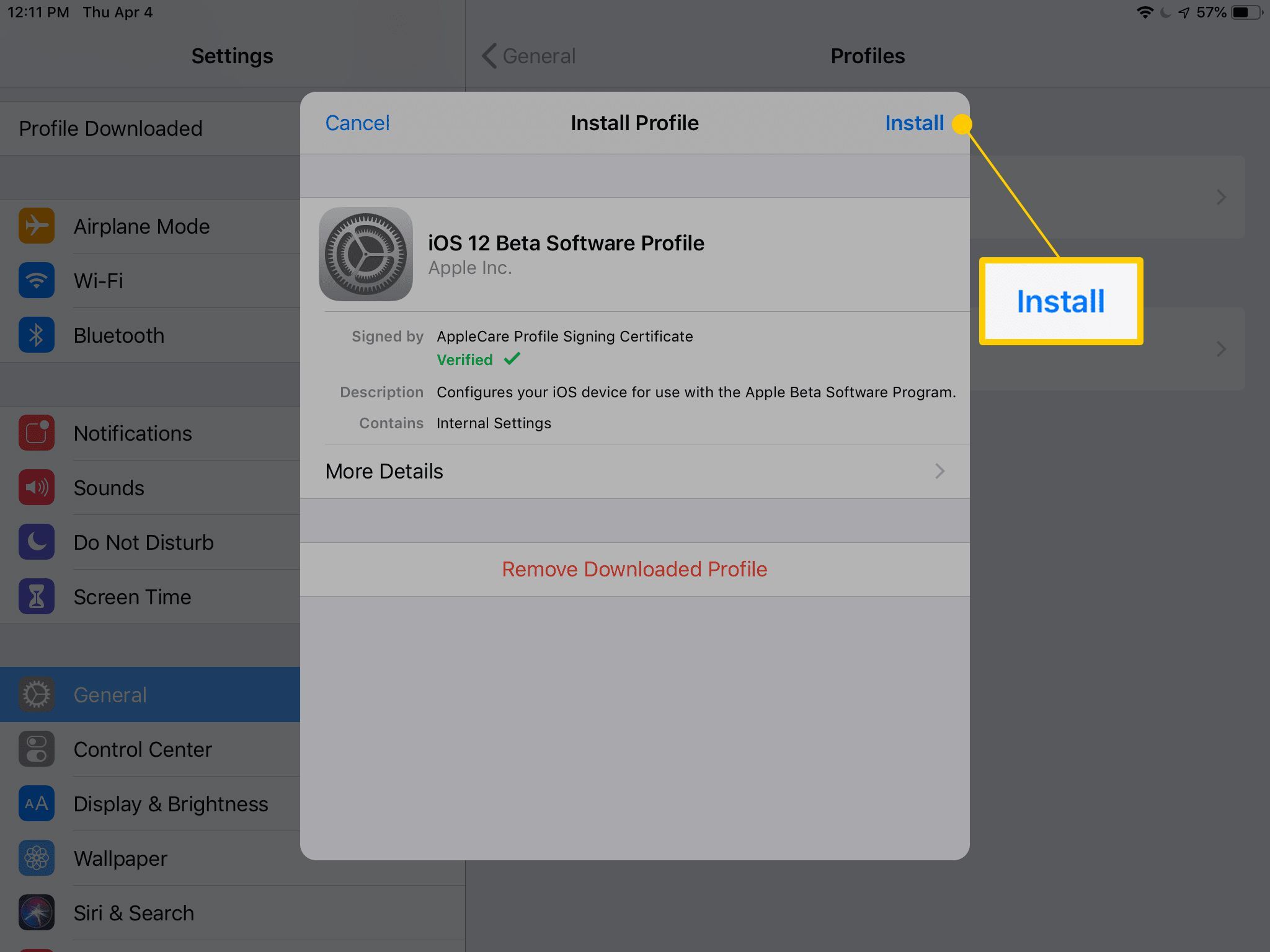 Кнопка «Установить» в окне «Установка профиля» в macOS