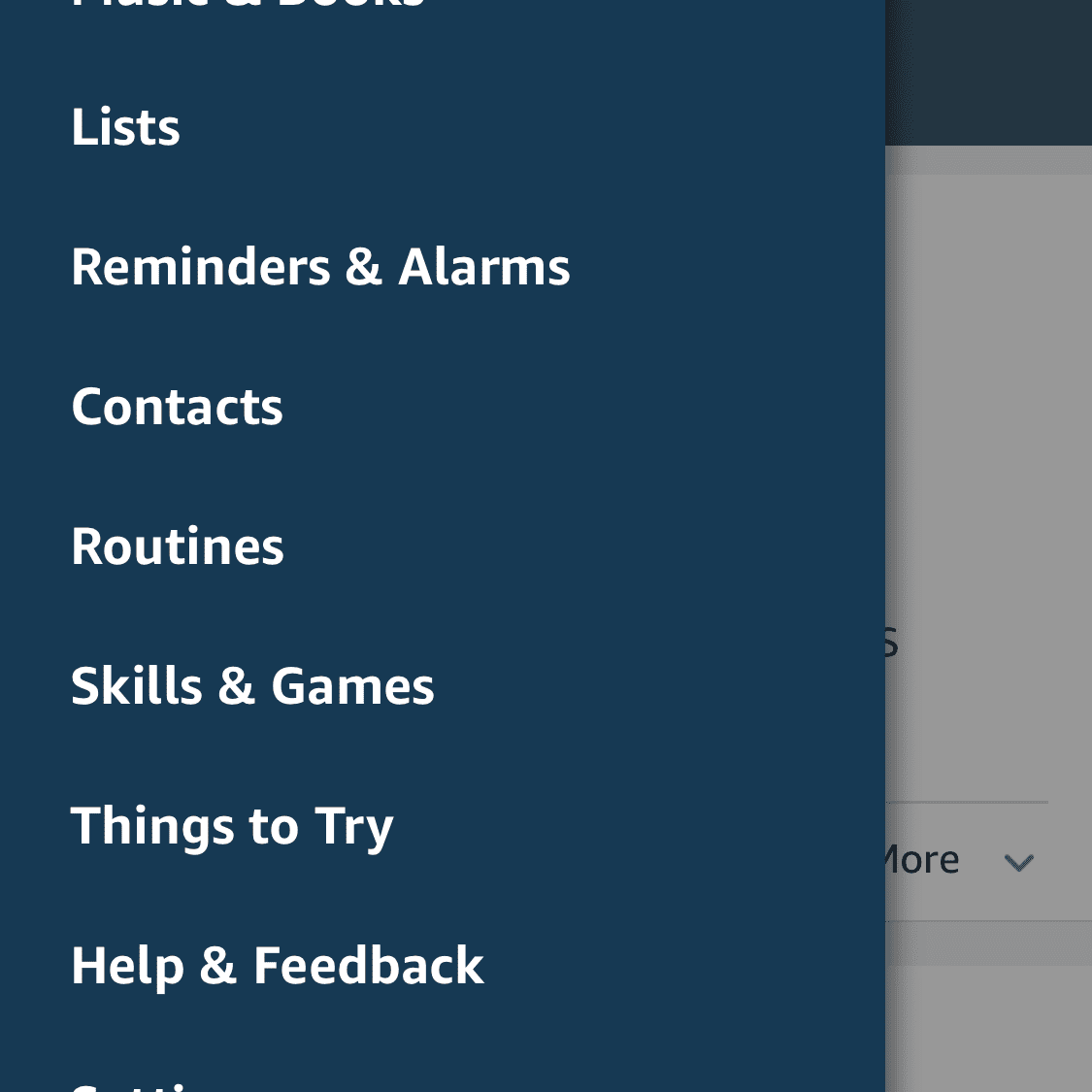 Скриншот Алексы's app menu.
