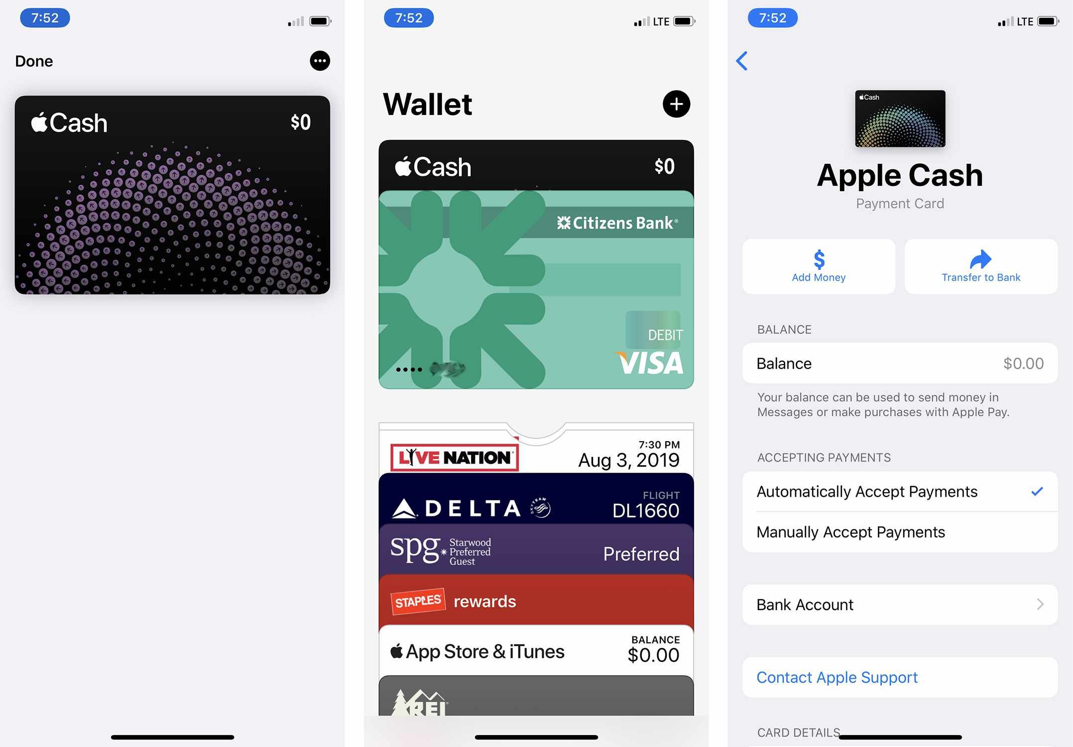 Скриншоты настроек транзакций Apple Pay Cash