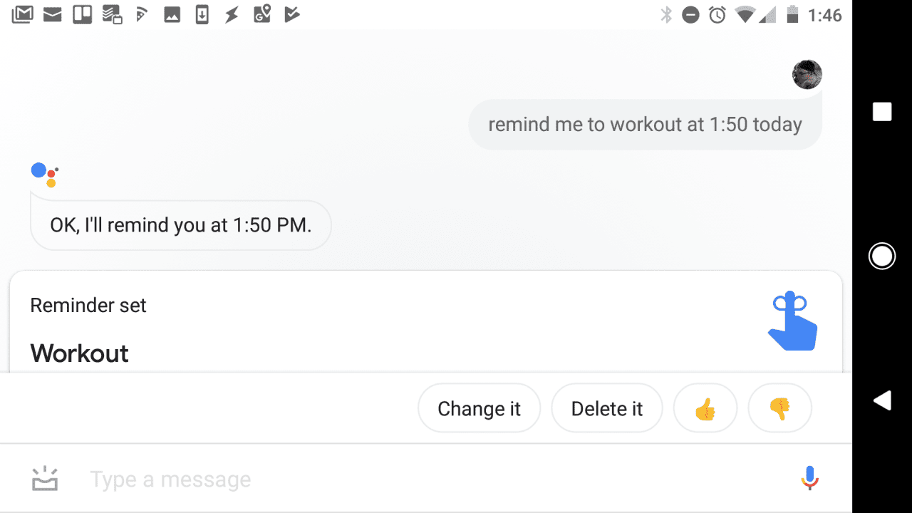 Снимок экрана напоминания о времени в Google Assistant