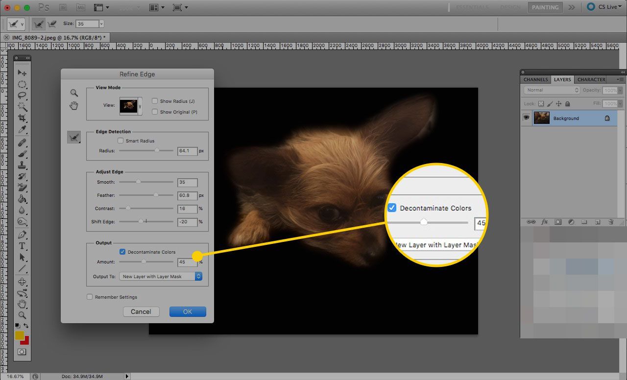 Инструмент «Уточнить края» в Photoshop с пометкой «Очистить цвета» и выделенным ползунком