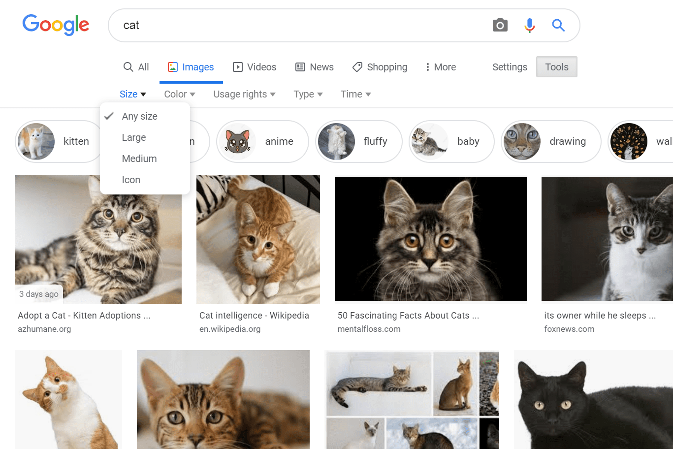 Фильтр размера в Google Images