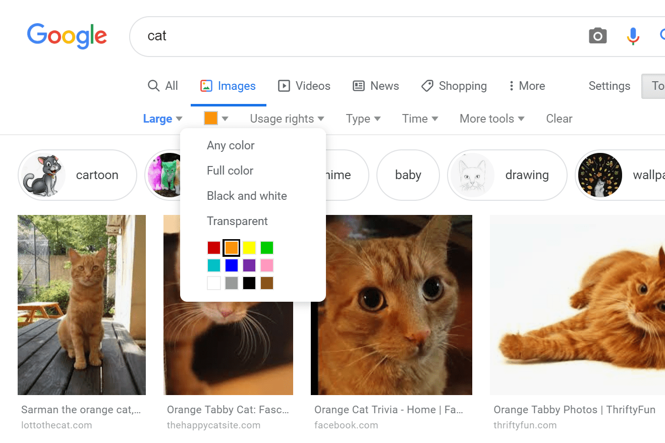 Цветовой фильтр в Google Images