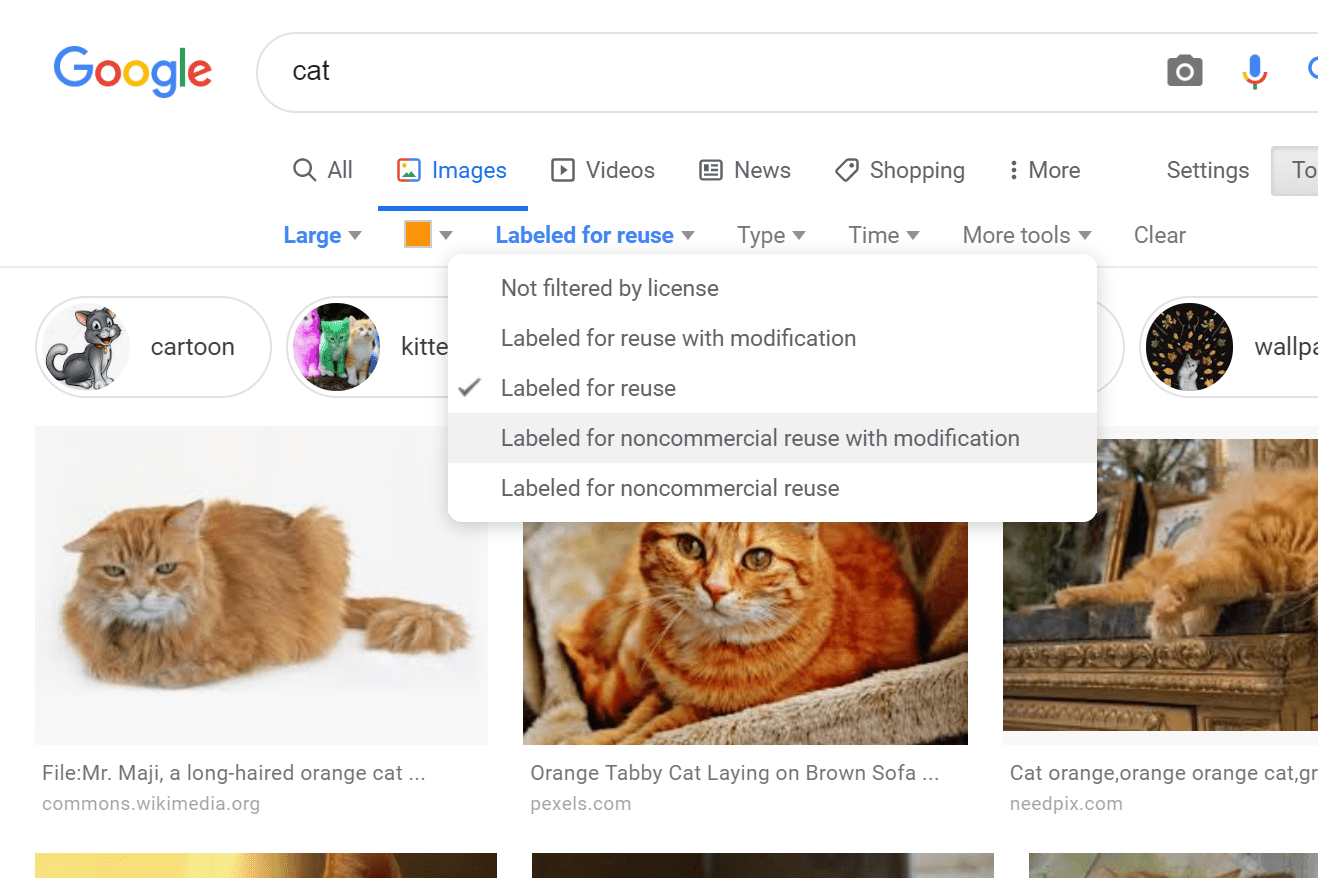 Поиск картинок Google с выбранной опцией прав использования