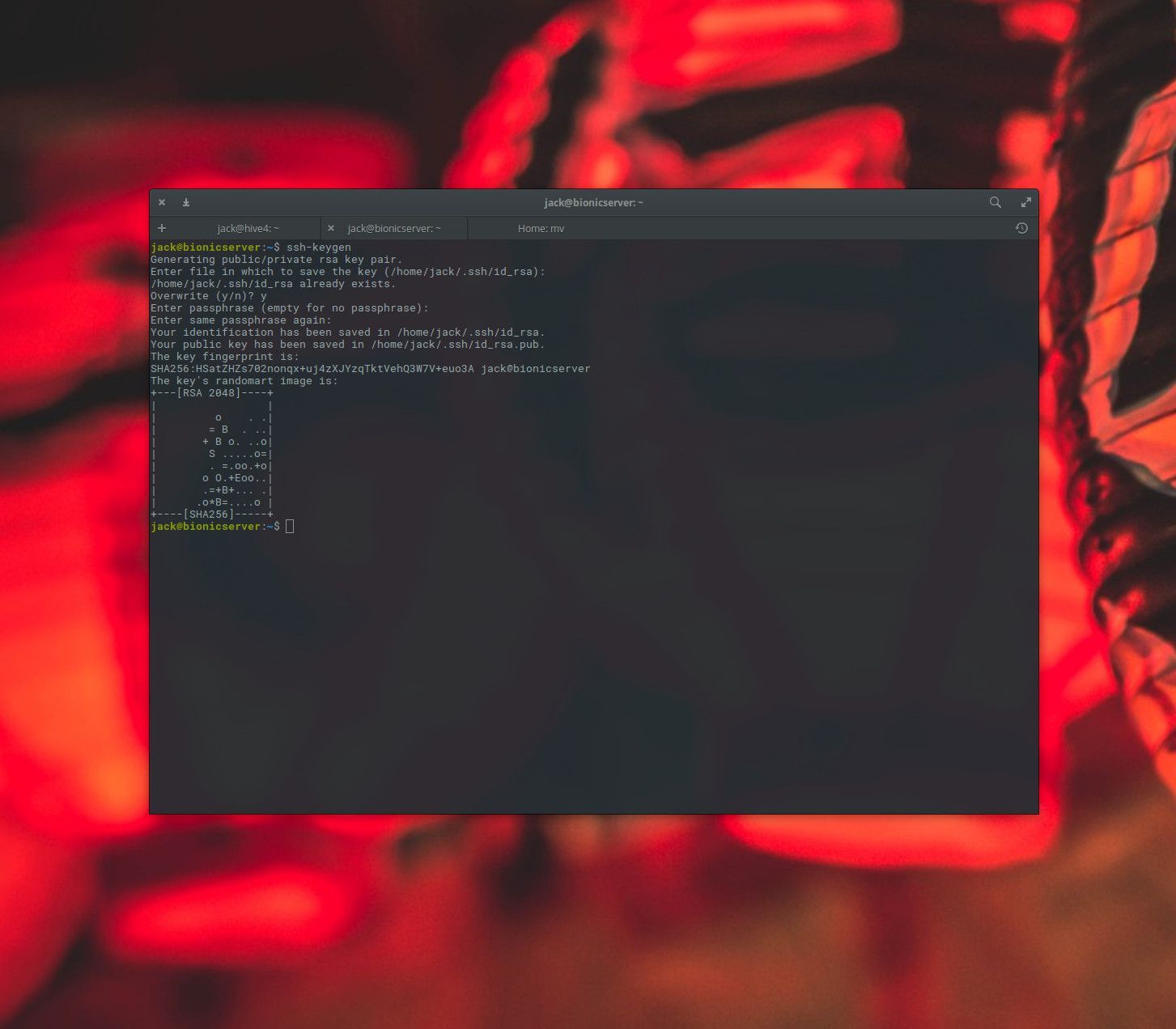 Снимок экрана создания ключа SSH в Linux.