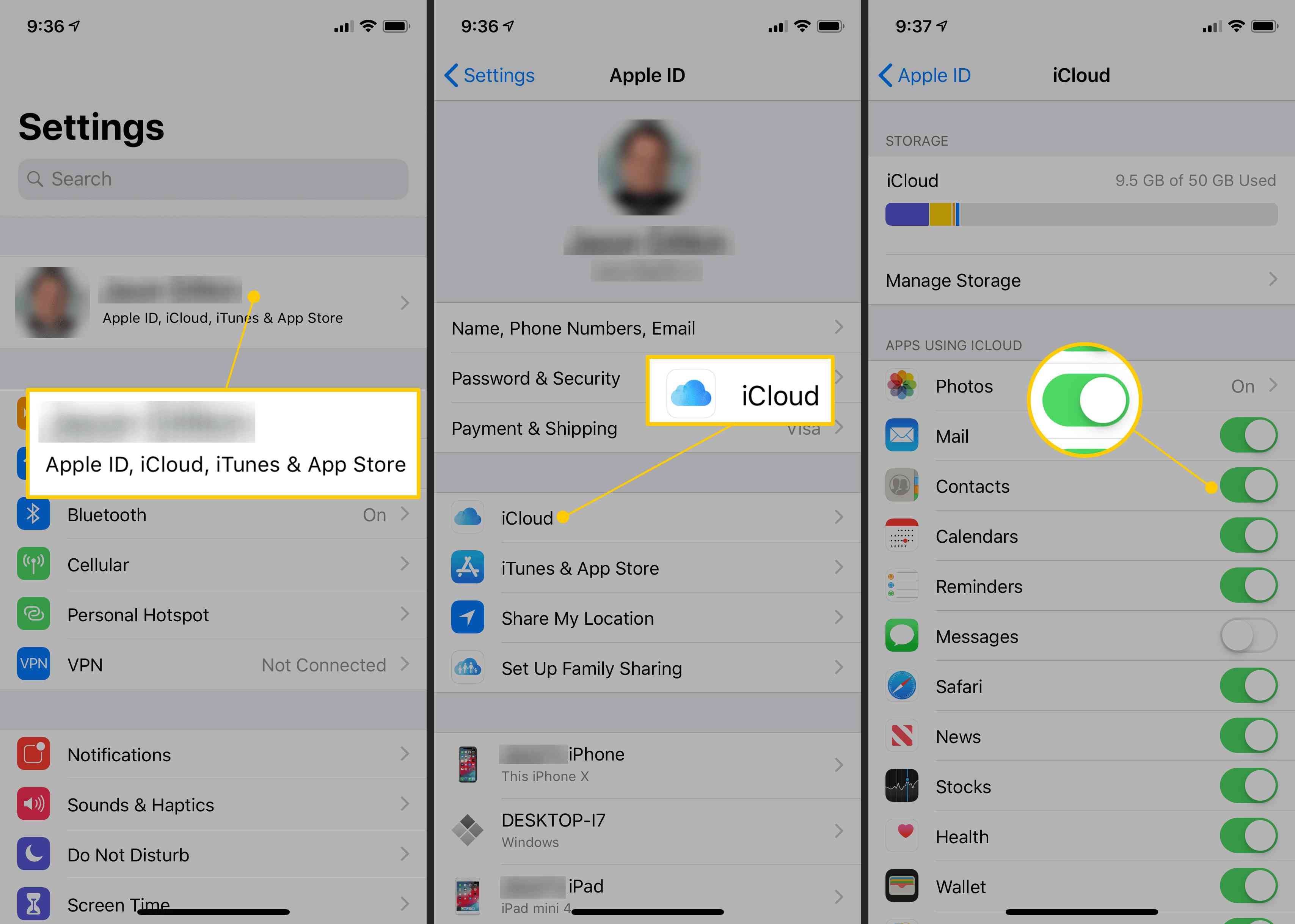 Apple ID, кнопка iCloud, переключение контактов в настройках iOS