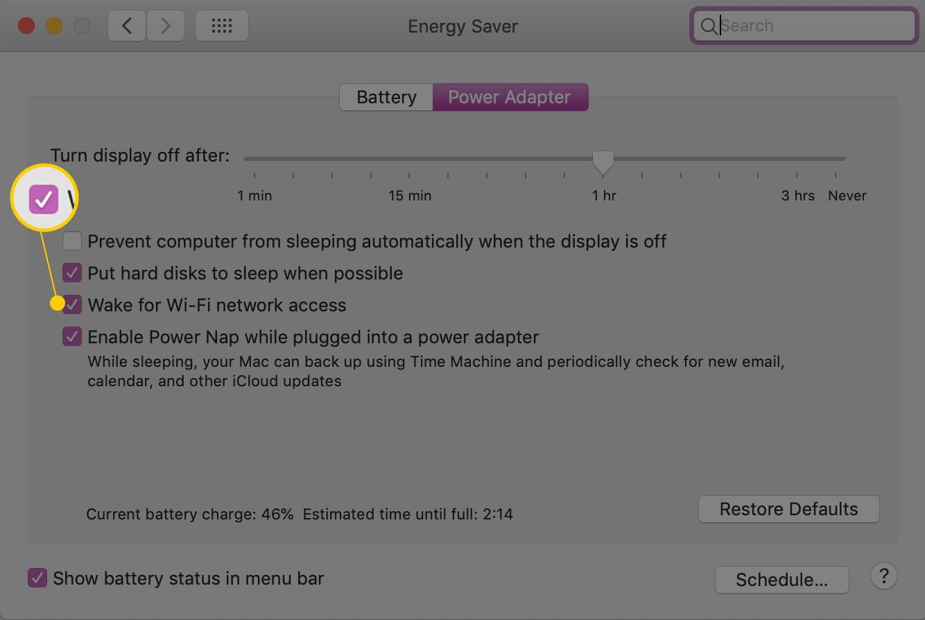 Пробуждение к доступу к сети Wi-Fi в панели настроек системы macOS Energy Saver