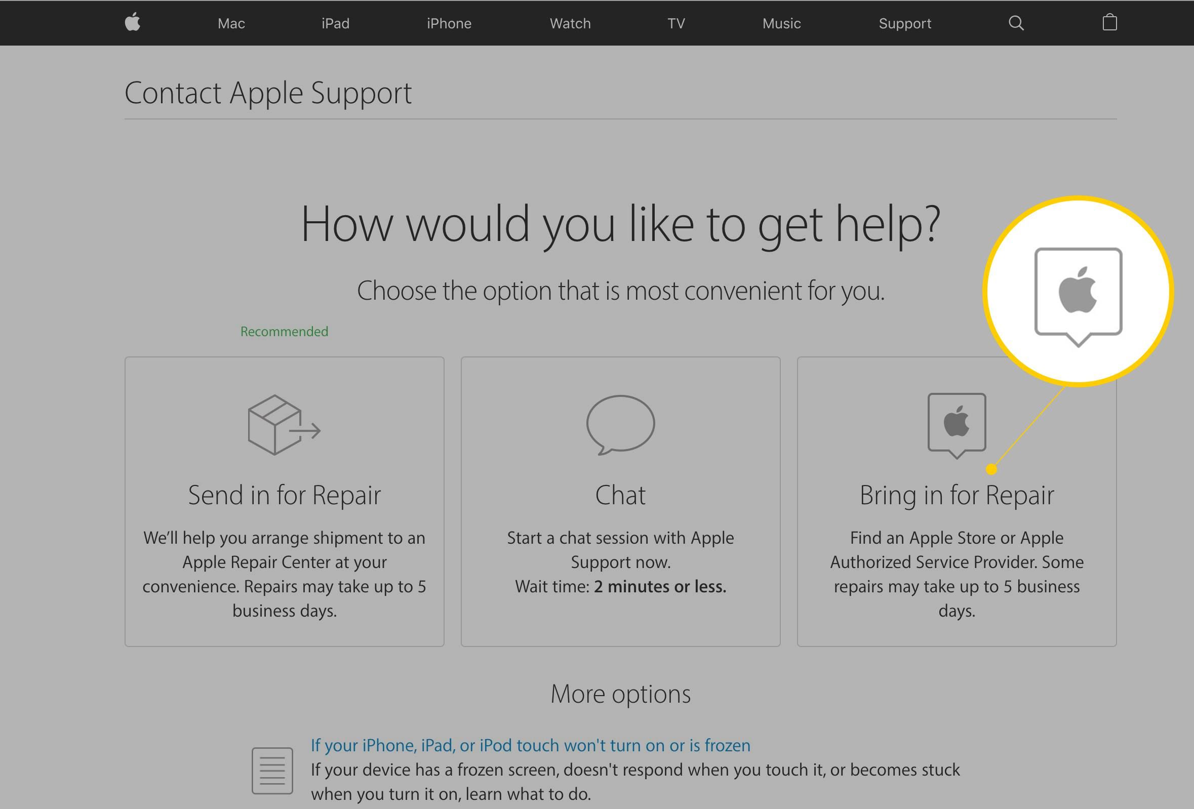 Включите параметр «Восстановить» на сайте поддержки Apple.