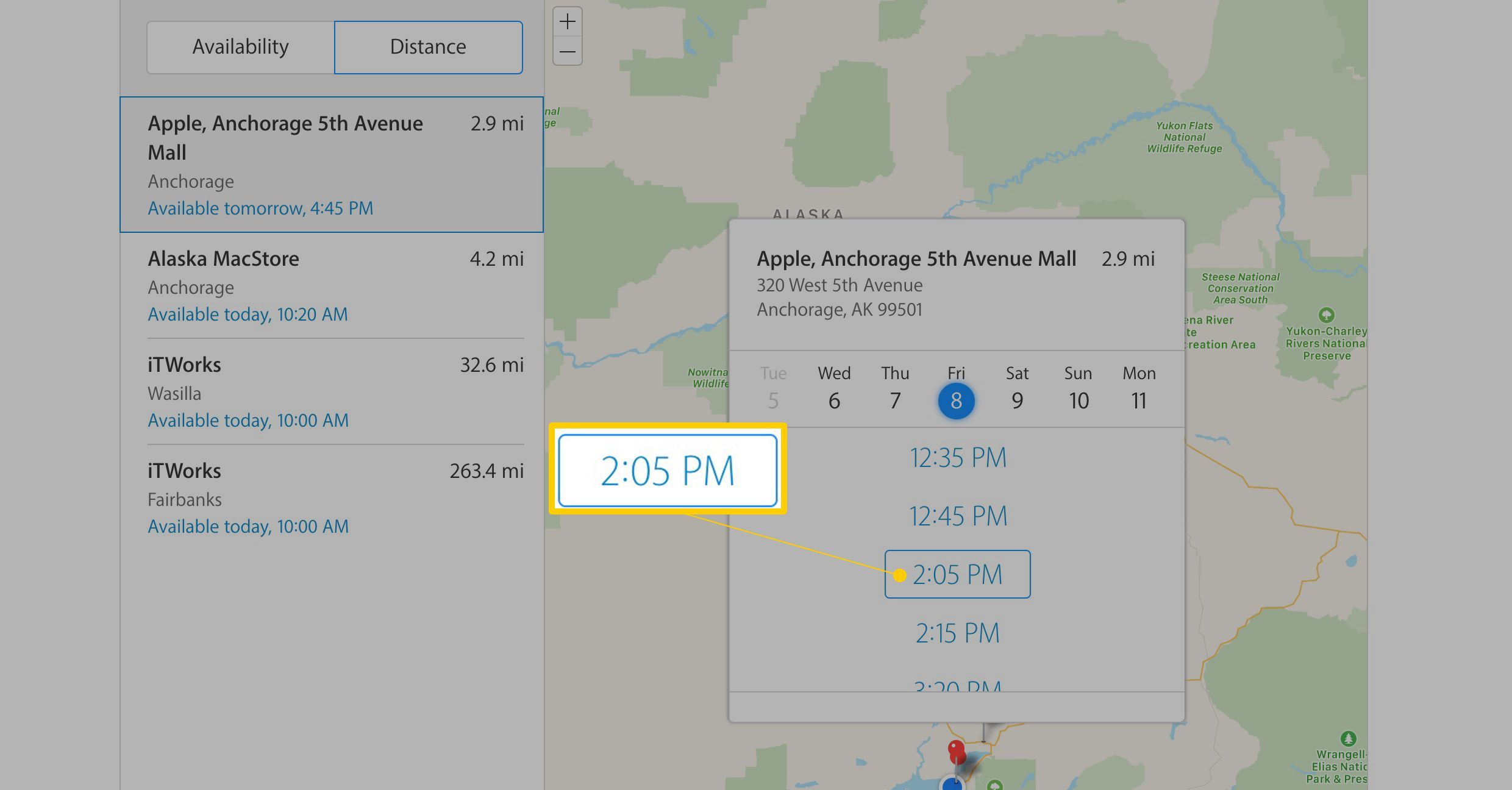 Apple Store на карте с доступным временем для встреч Genius Bar